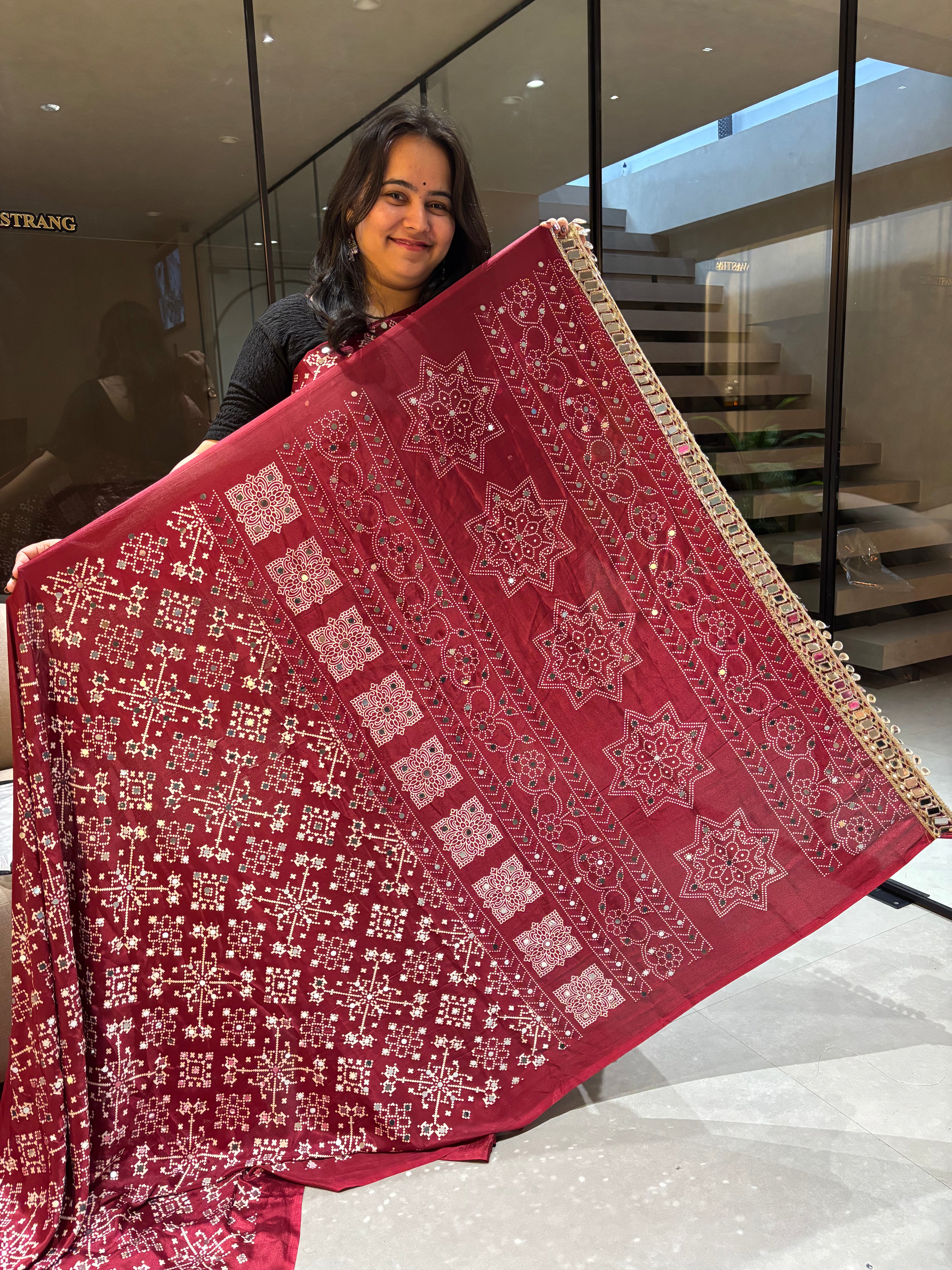 Breathtaking Function Wear Pure Satin Silk Ajrak Printed Rich Pallu n Mirror Work Fancy Designer Saree