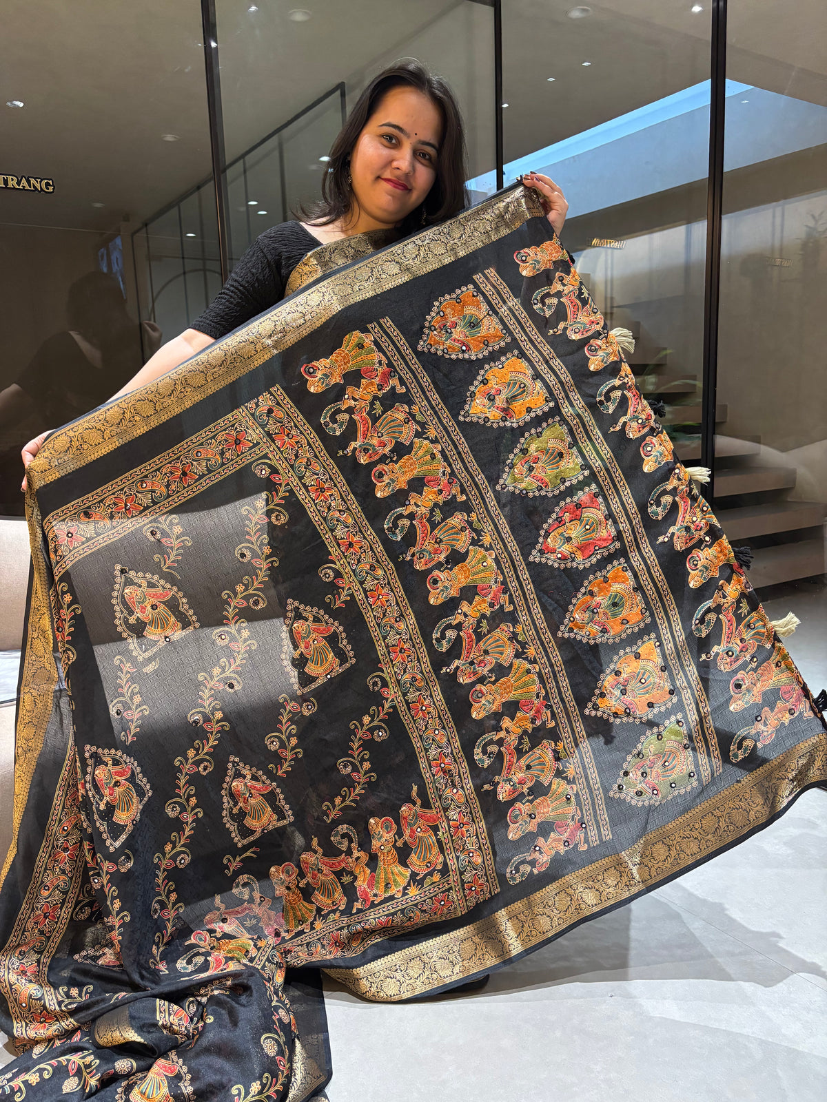 Artisanal Festive Wear Pure Silk Ajrak Printed Rich Pallu n Mirror Work Fancy Designer Saree With Blouse Piece
