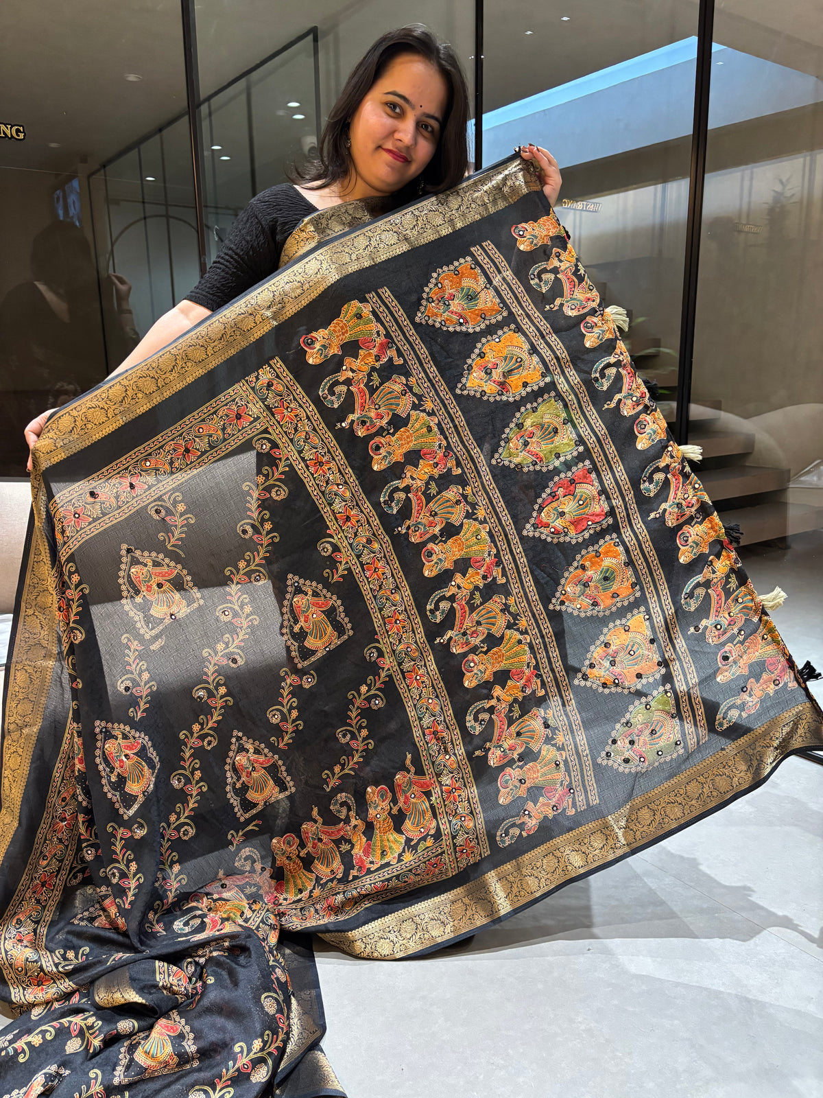 Artisanal Festive Wear Pure Silk Ajrak Printed Rich Pallu n Mirror Work Fancy Designer Saree With Blouse Piece