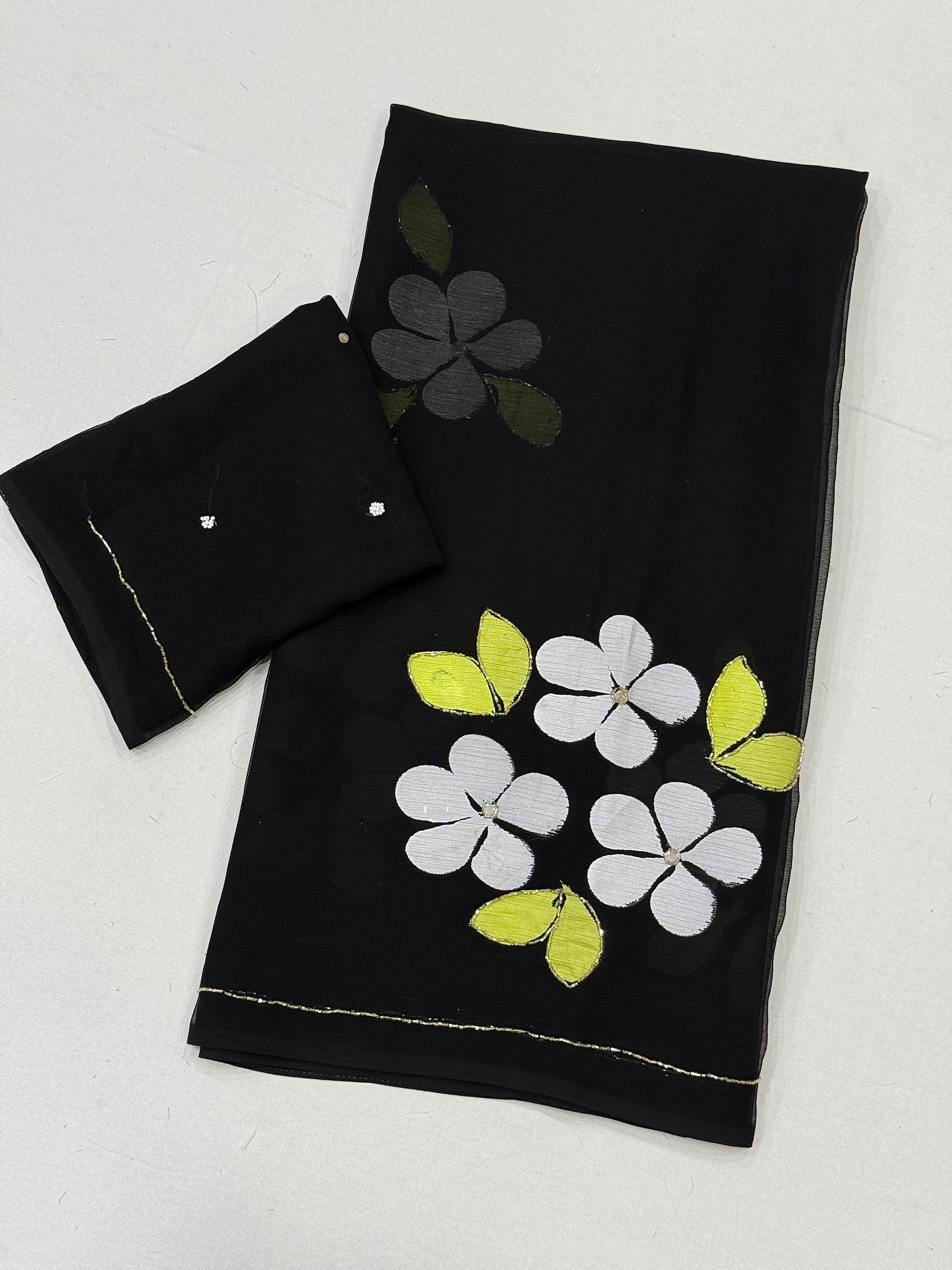 Gorgeous Party Wear Chiffon Silk Handbrush Flower n Handwork Fancy Saree With Blouse Piece