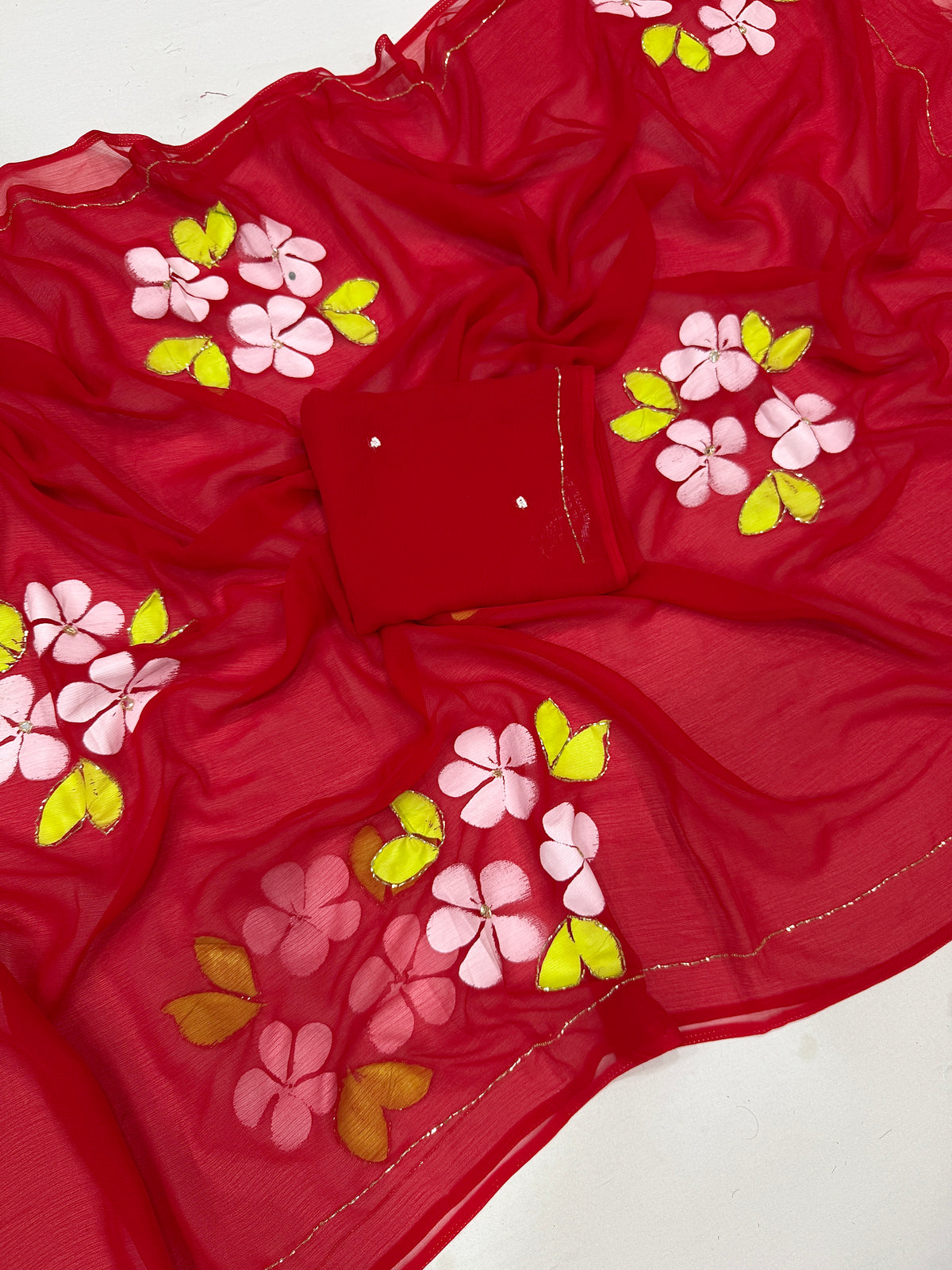 Gorgeous Party Wear Chiffon Silk Handbrush Flower n Handwork Fancy Saree With Blouse Piece