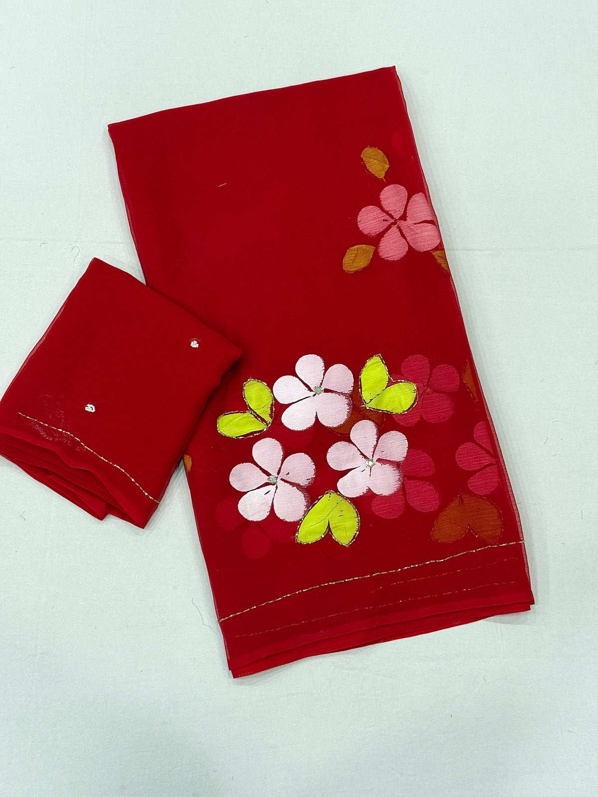 Gorgeous Party Wear Chiffon Silk Handbrush Flower n Handwork Fancy Saree With Blouse Piece