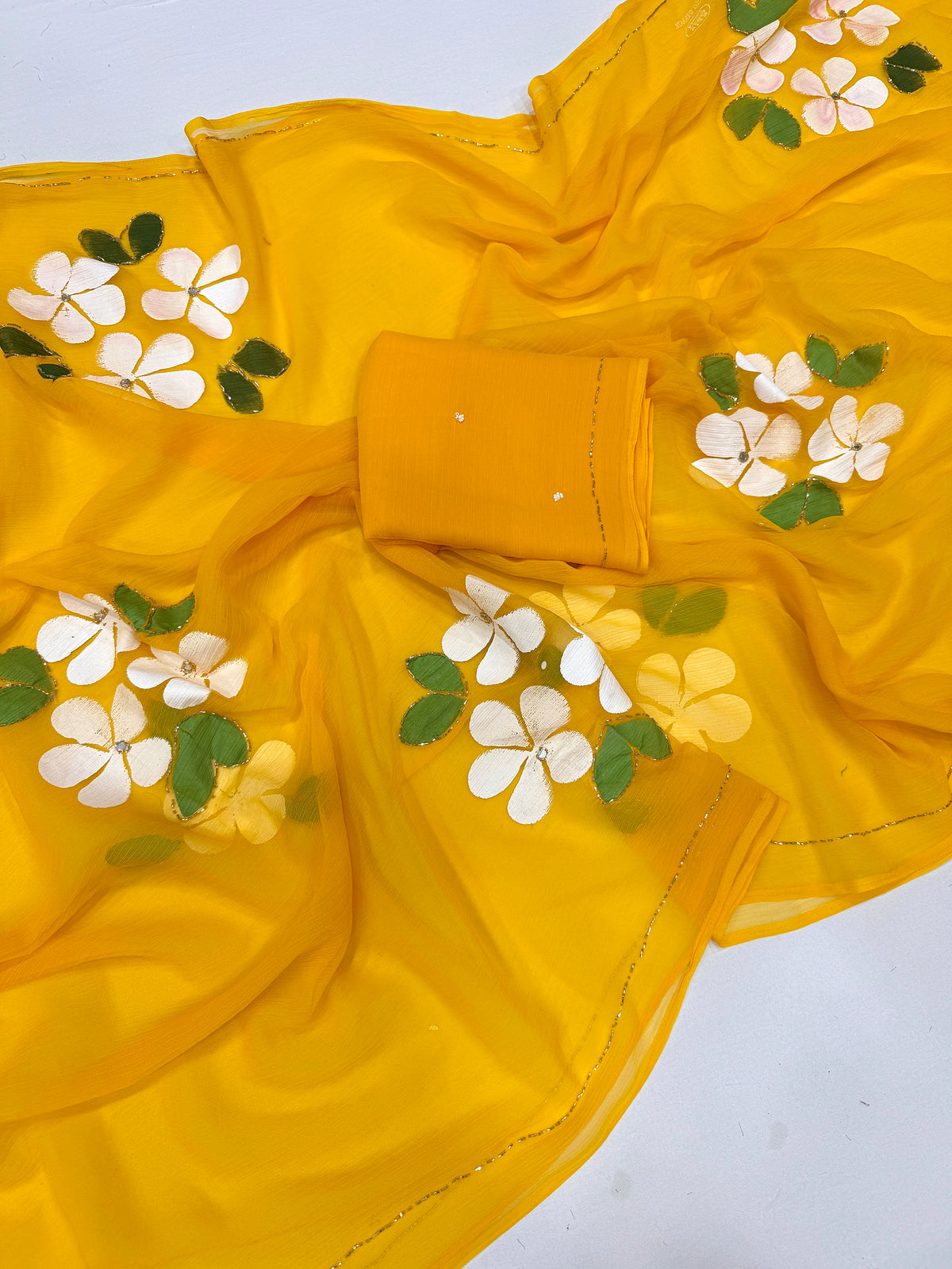 Gorgeous Party Wear Chiffon Silk Handbrush Flower n Handwork Fancy Saree With Blouse Piece