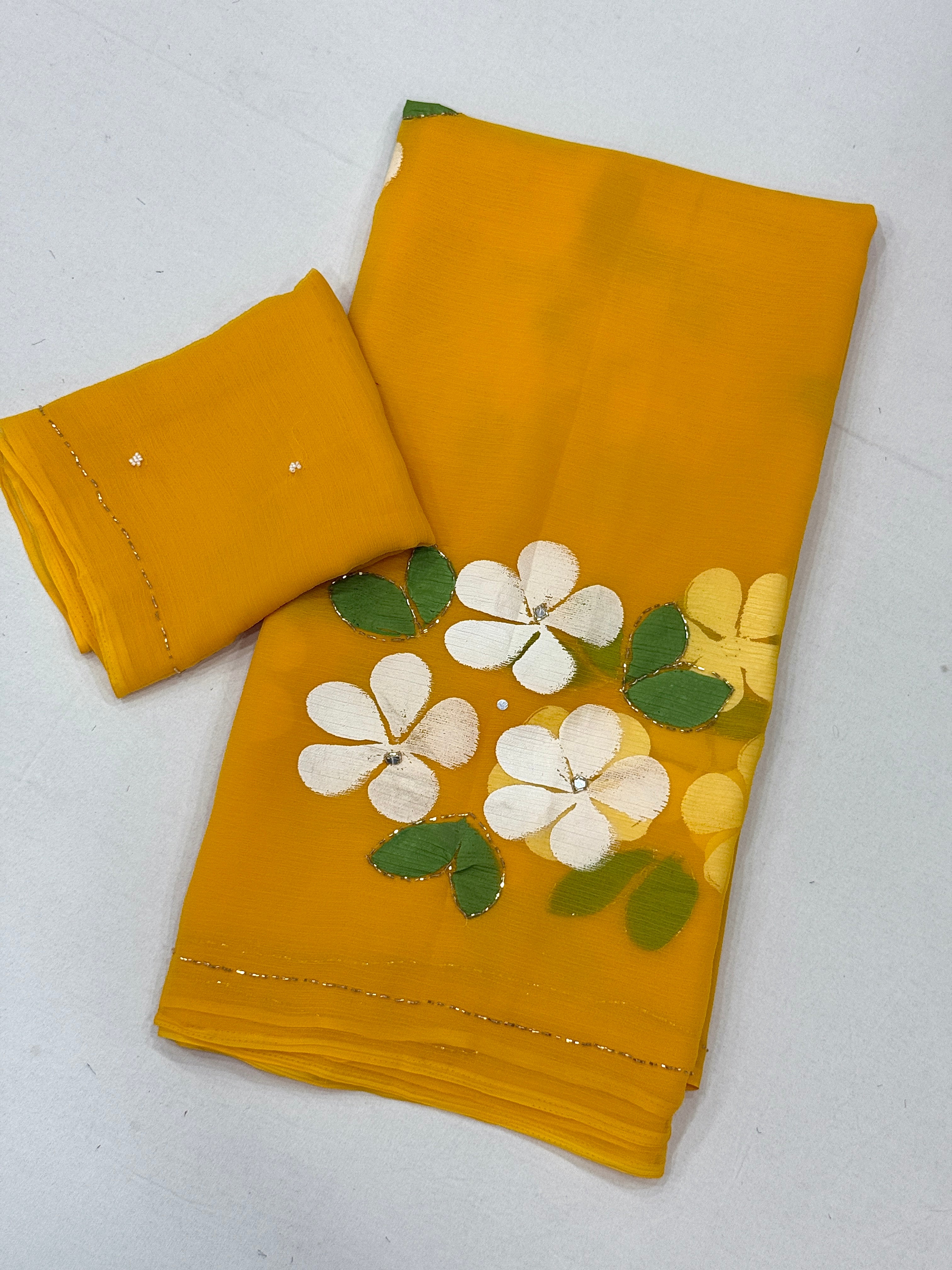 Gorgeous Party Wear Chiffon Silk Handbrush Flower n Handwork Fancy Saree With Blouse Piece