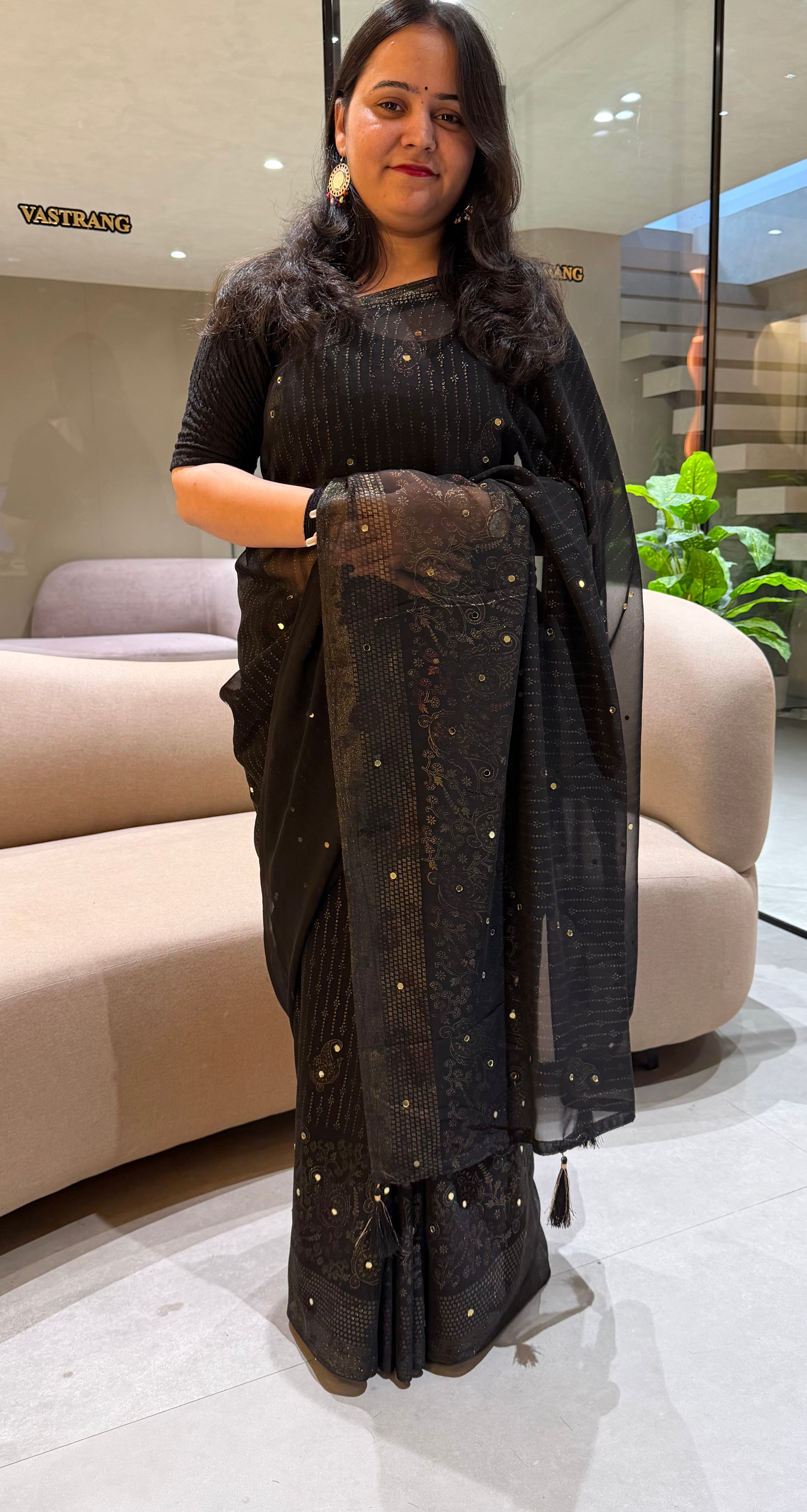 Contemporary Party Wear Georgette Foil Print Mirror Work Fancy Designer Saree With Blouse Piece