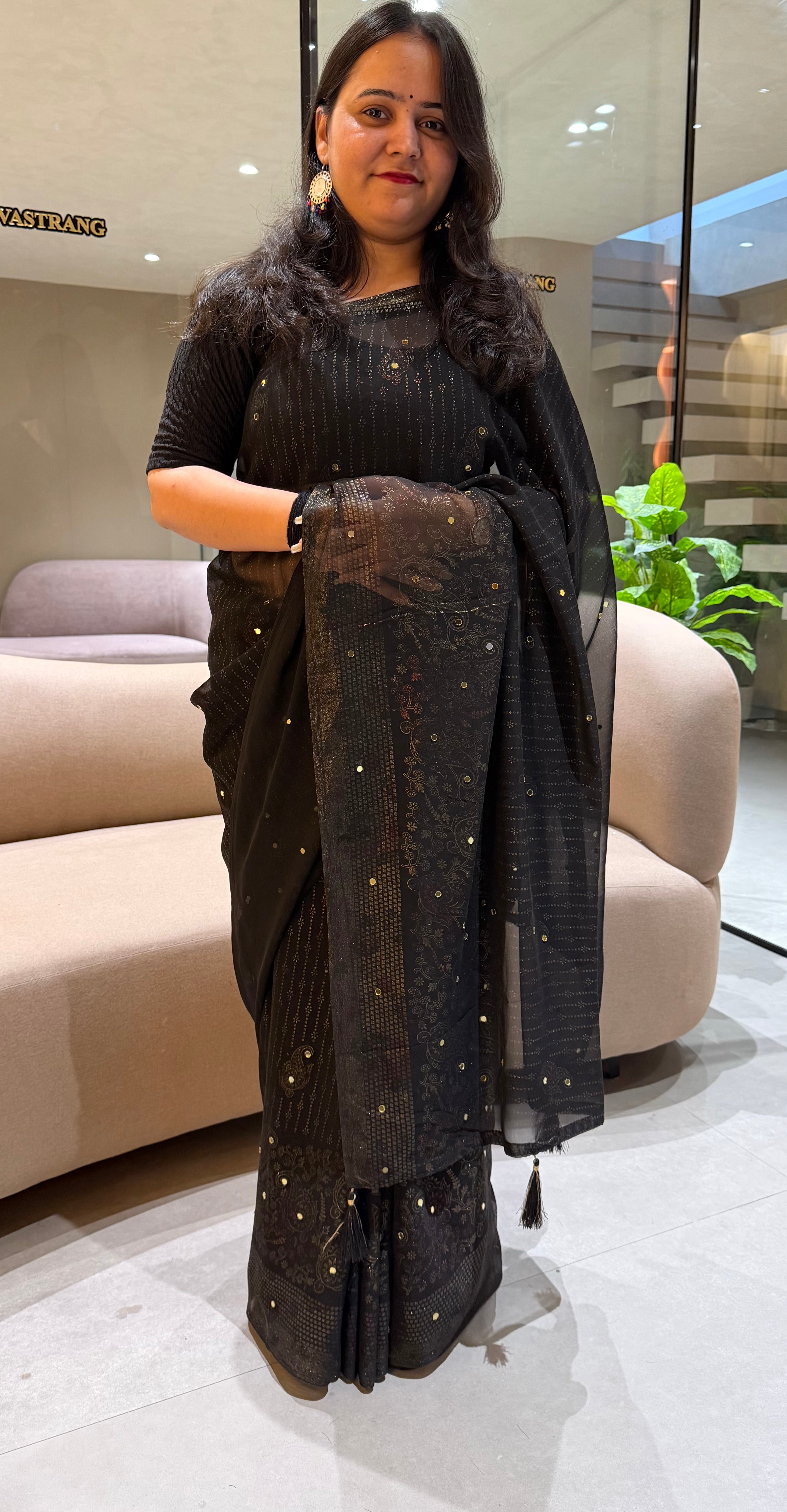 Contemporary Party Wear Georgette Foil Print Mirror Work Fancy Designer Saree With Blouse Piece