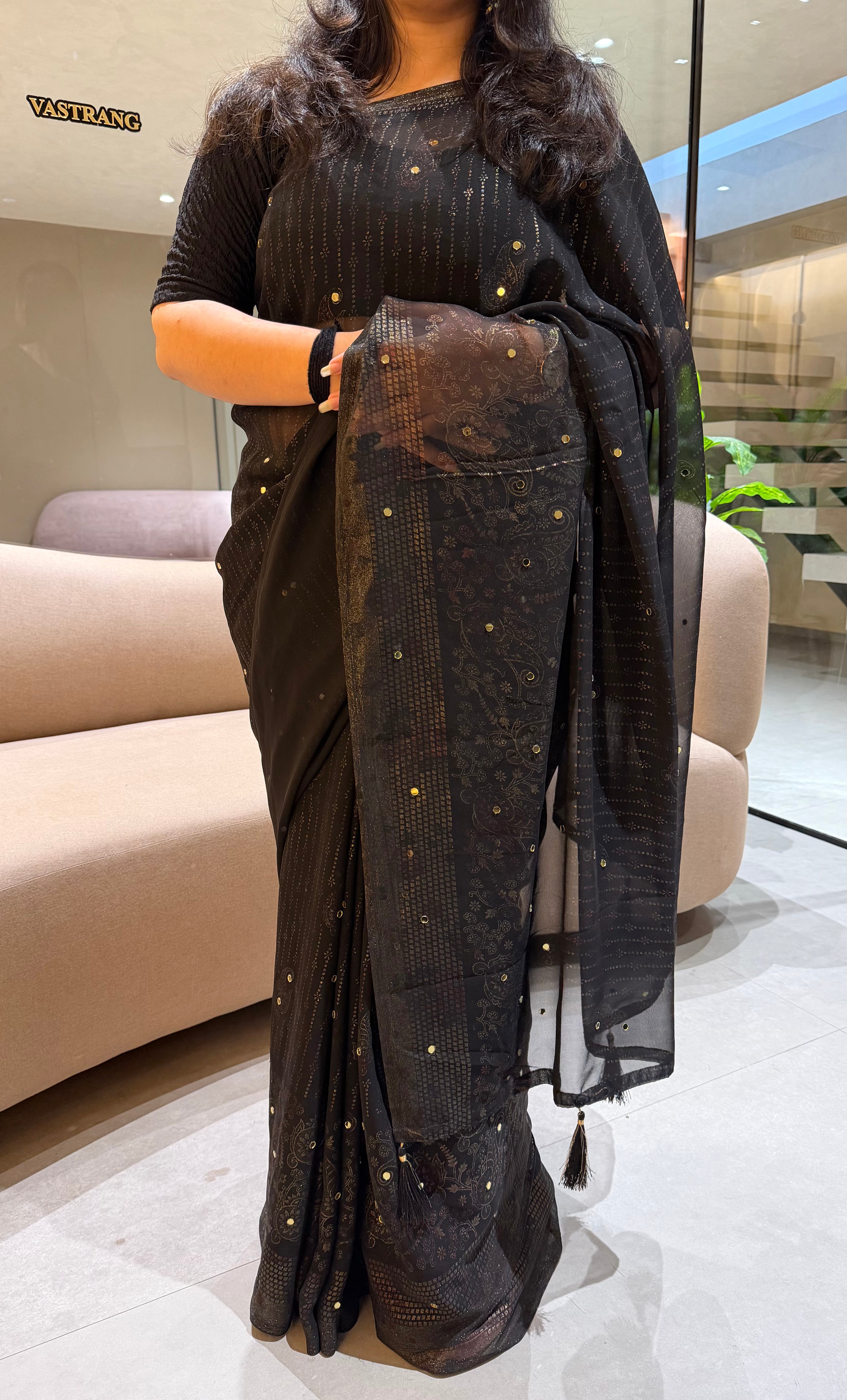 Contemporary Party Wear Georgette Foil Print Mirror Work Fancy Designer Saree With Blouse Piece