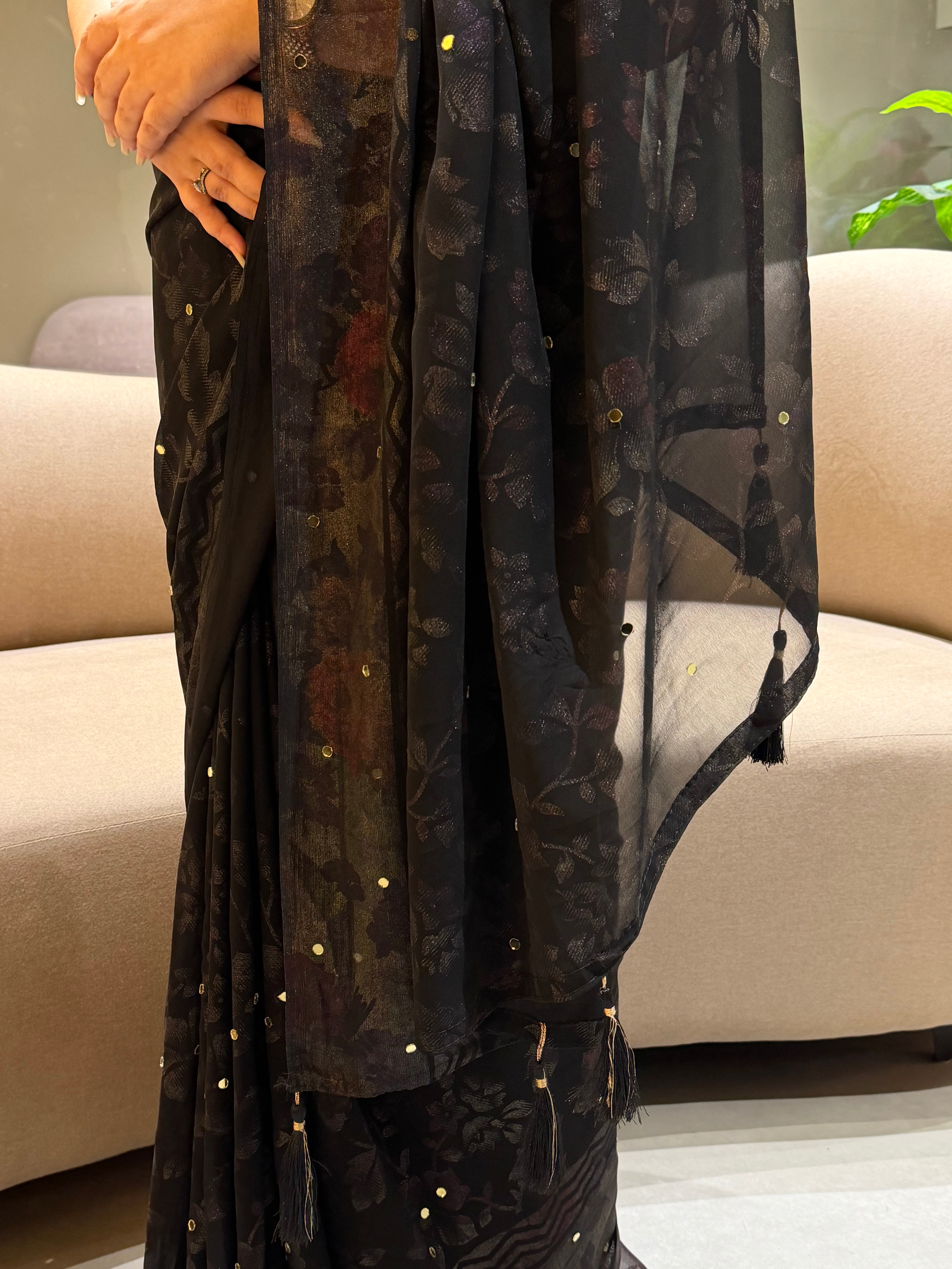 Desiring Function Wear Georgette Foil Print Mirror Work Fancy Saree With Blouse Piece