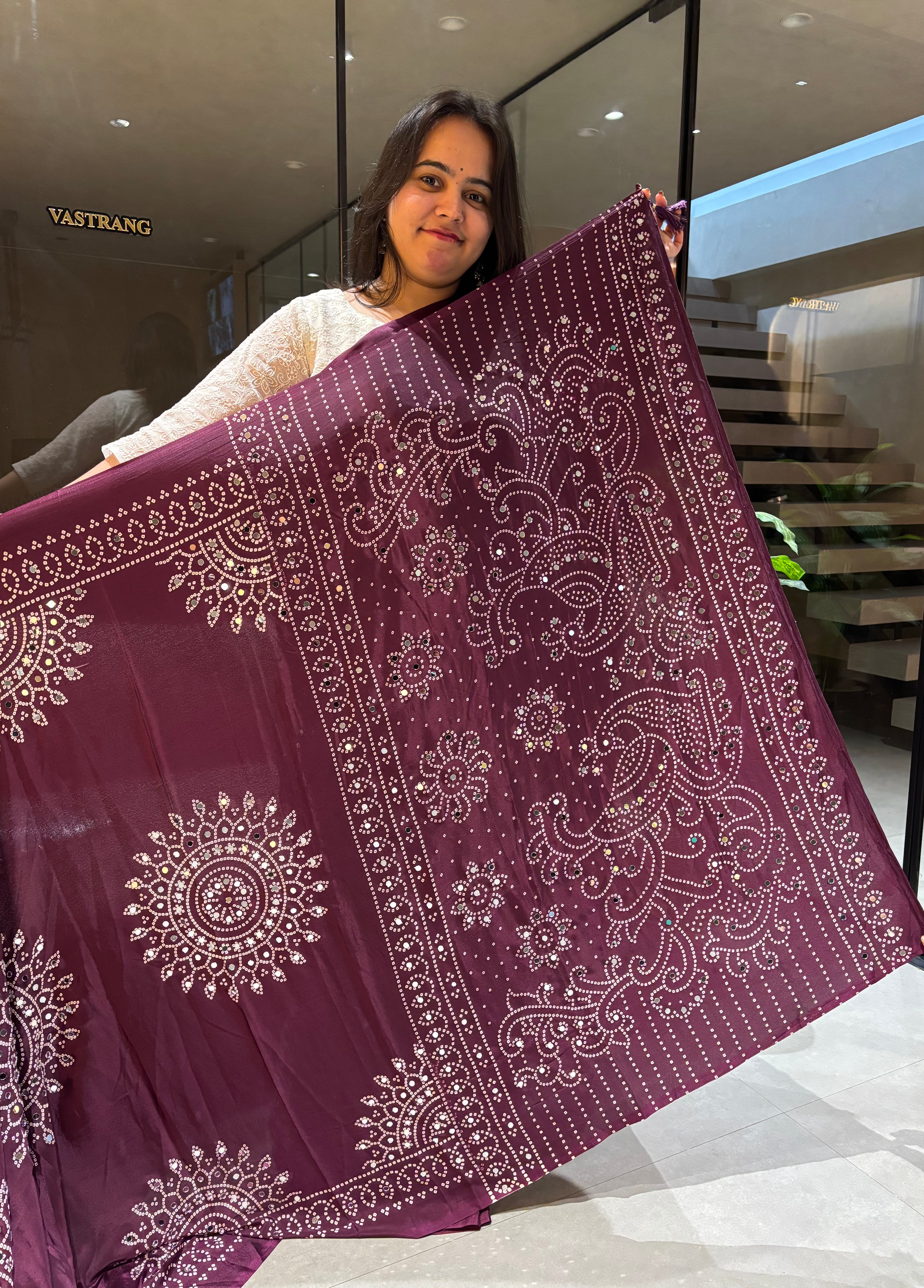 Artisanal Function Wear Pure Satin Silk Ajrak Printed Rich Pallu n Mirror Work Designer Saree