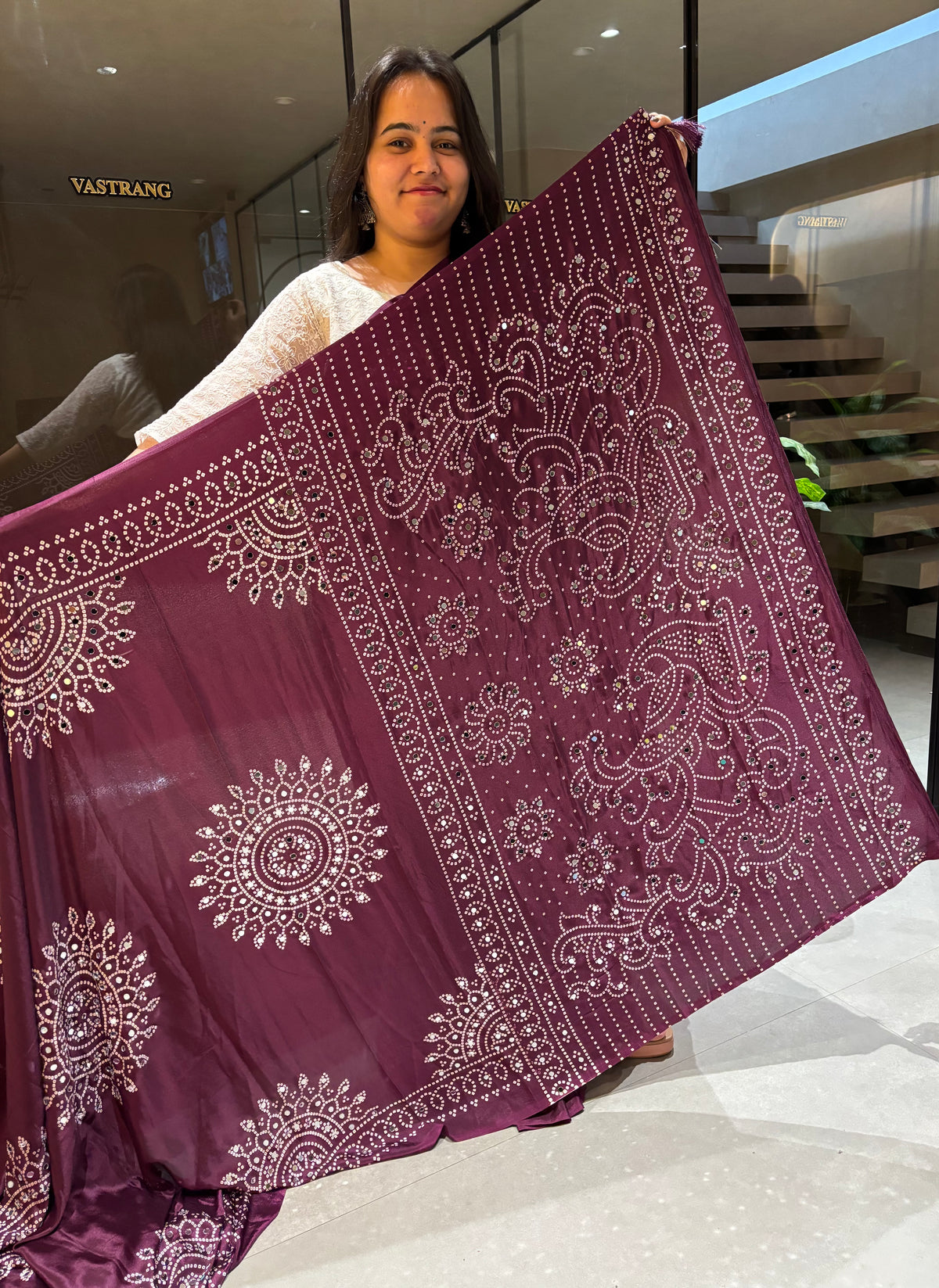 Artisanal Function Wear Pure Satin Silk Ajrak Printed Rich Pallu n Mirror Work Designer Saree