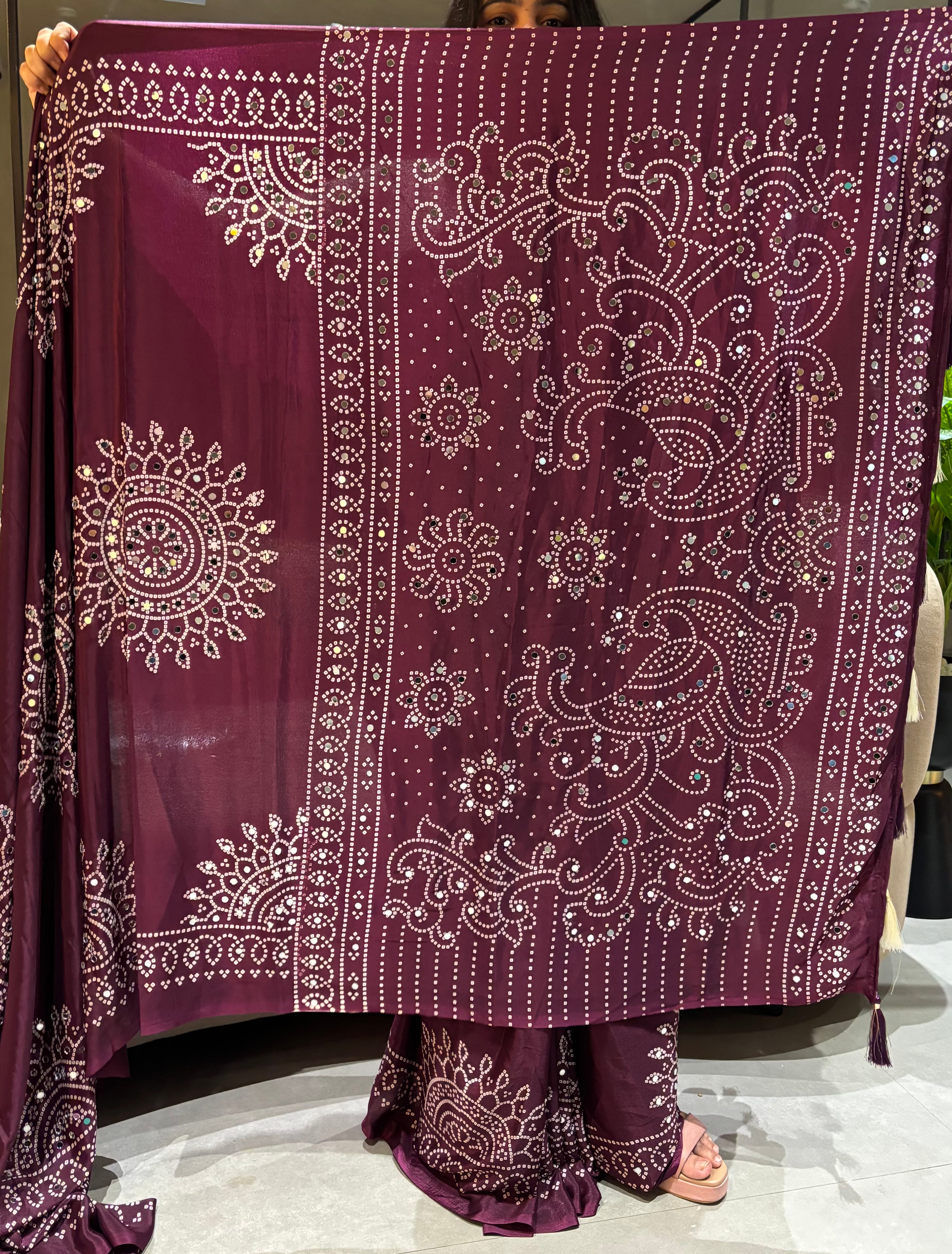 Artisanal Function Wear Pure Satin Silk Ajrak Printed Rich Pallu n Mirror Work Designer Saree
