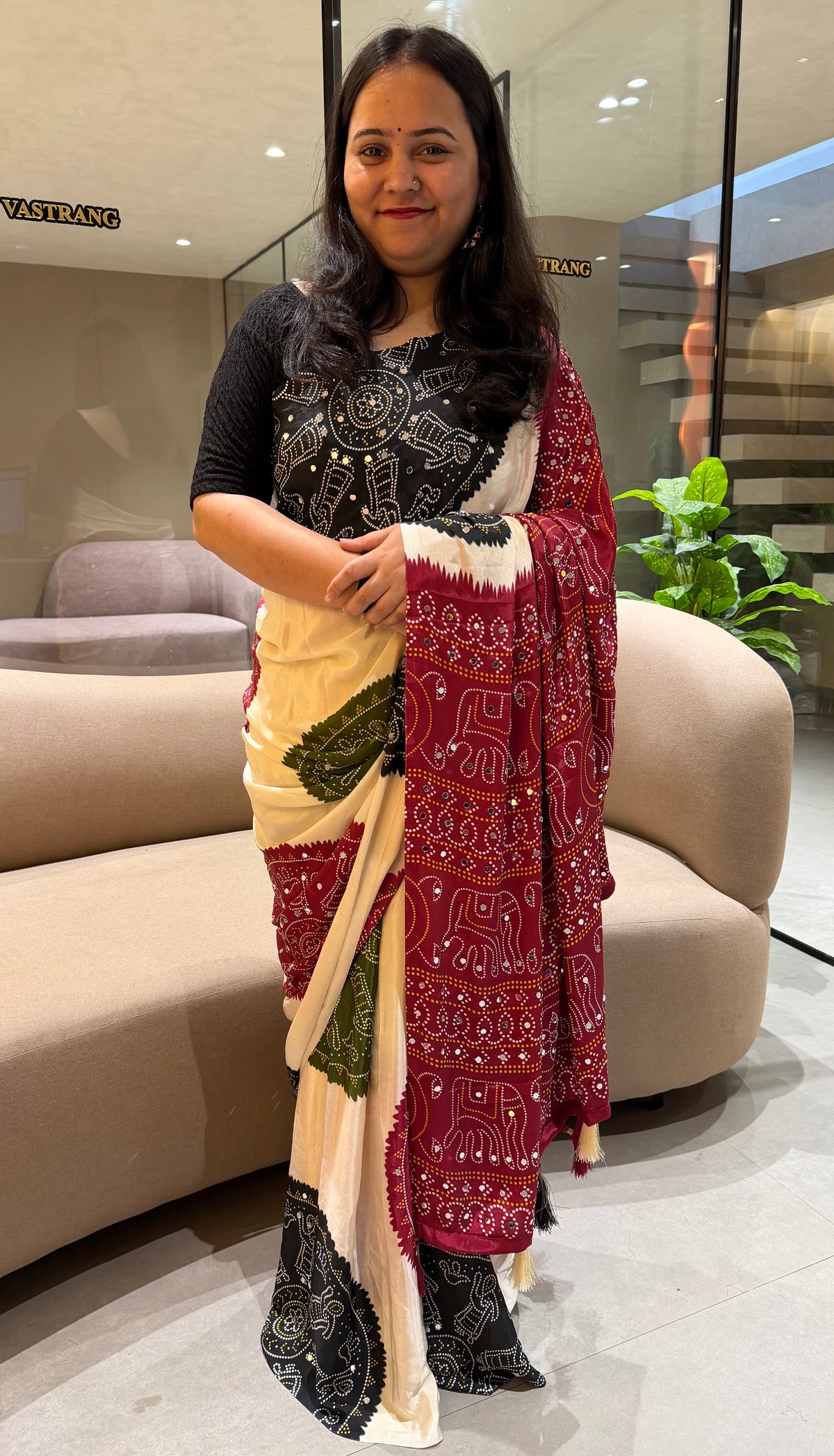 Whimsical Function Wear Satin Silk Real Mirror n Ajrak Print Fancy Saree With Blouse Piece