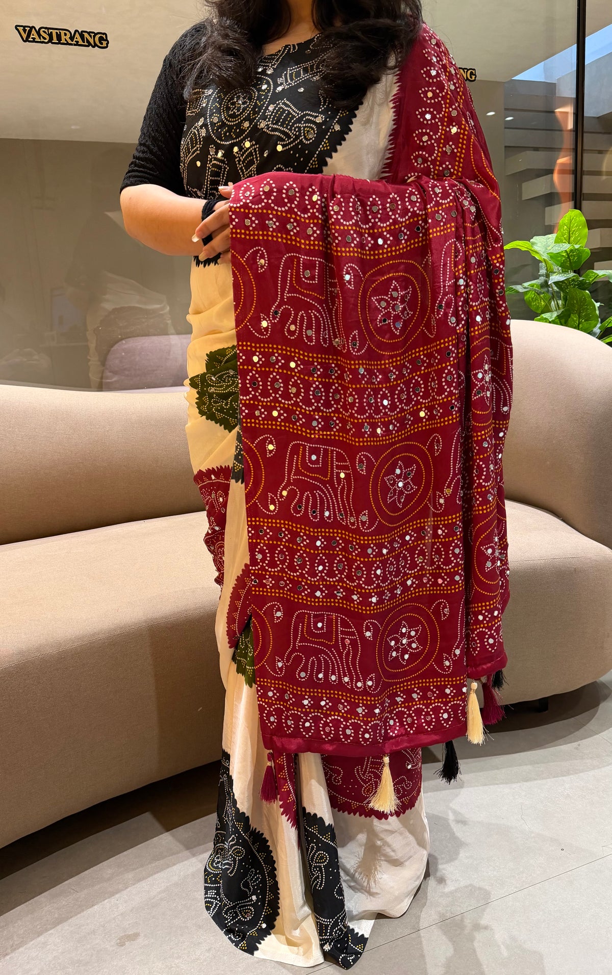 Whimsical Function Wear Satin Silk Real Mirror n Ajrak Print Fancy Saree With Blouse Piece