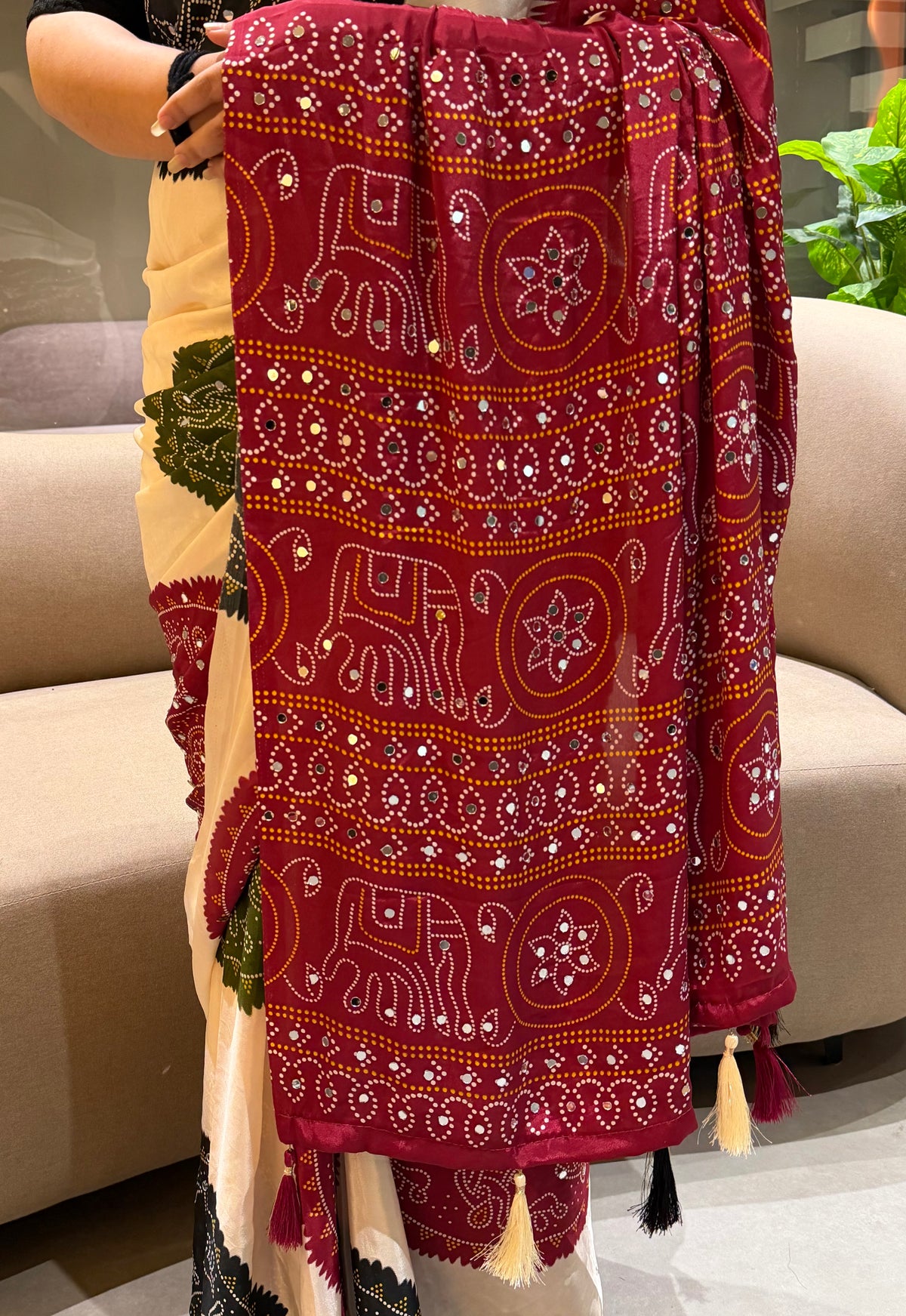 Whimsical Function Wear Satin Silk Real Mirror n Ajrak Print Fancy Saree With Blouse Piece