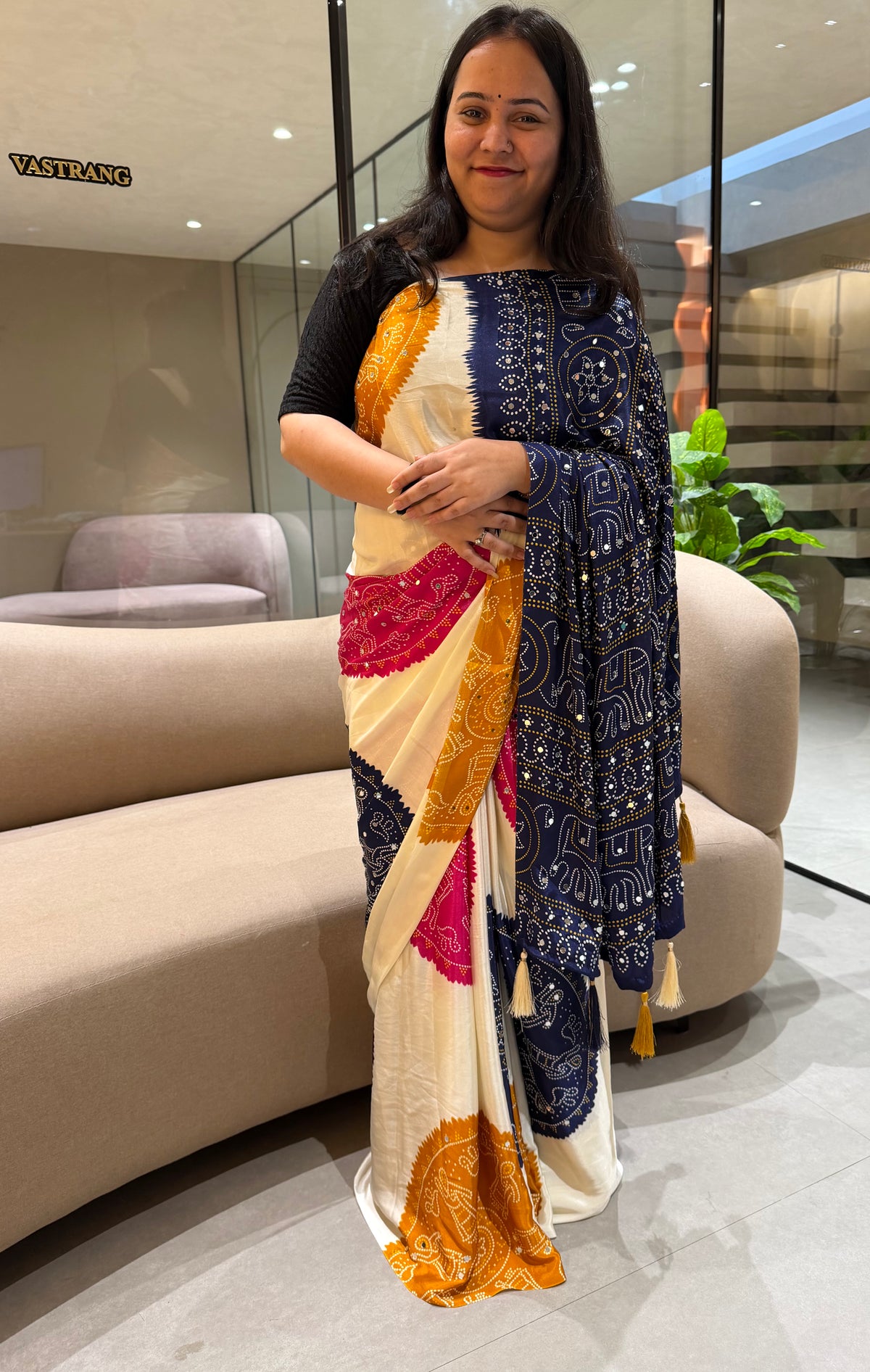 Whimsical Function Wear Satin Silk Real Mirror n Ajrak Print Fancy Saree With Blouse Piece