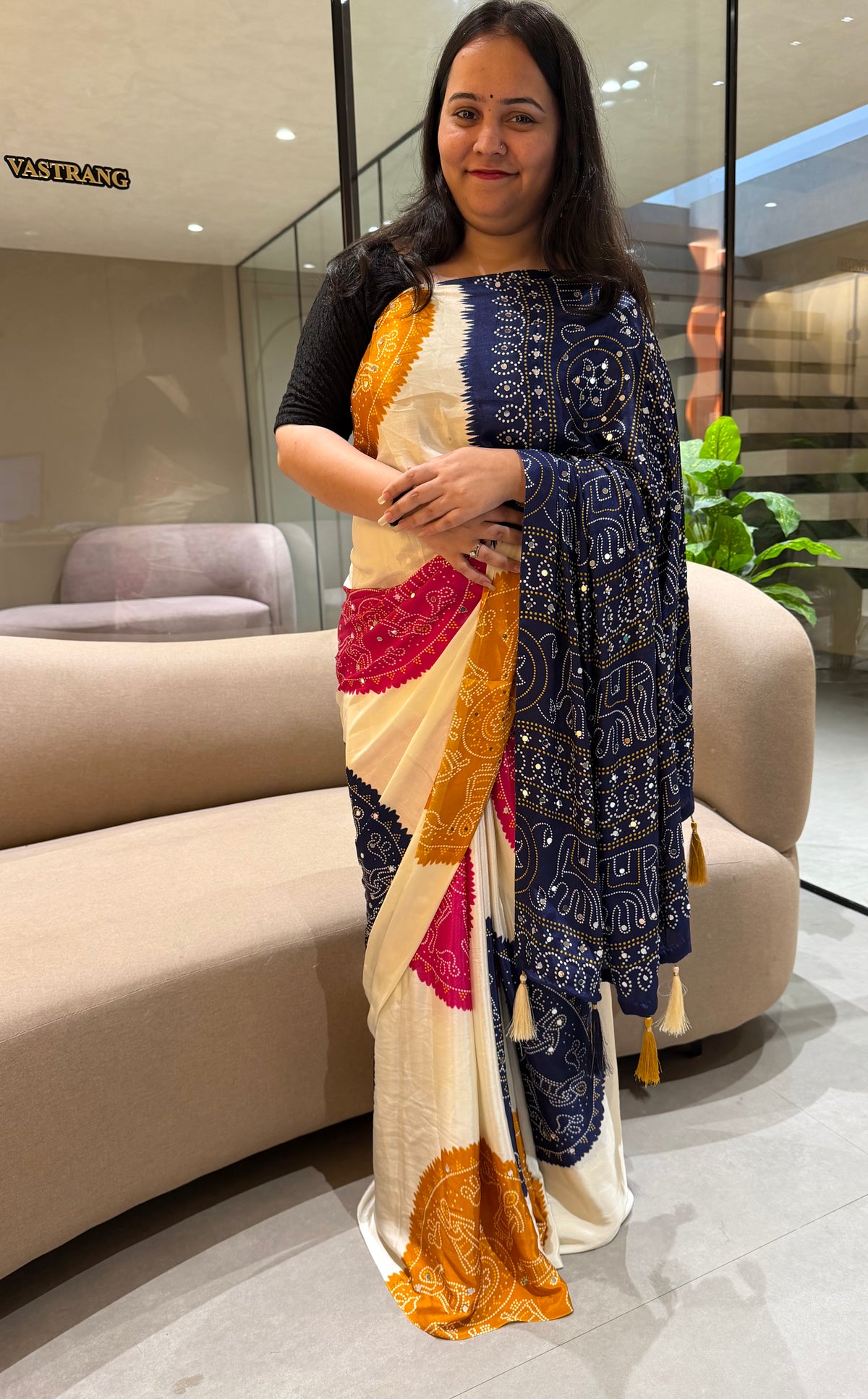 Whimsical Function Wear Satin Silk Real Mirror n Ajrak Print Fancy Saree With Blouse Piece