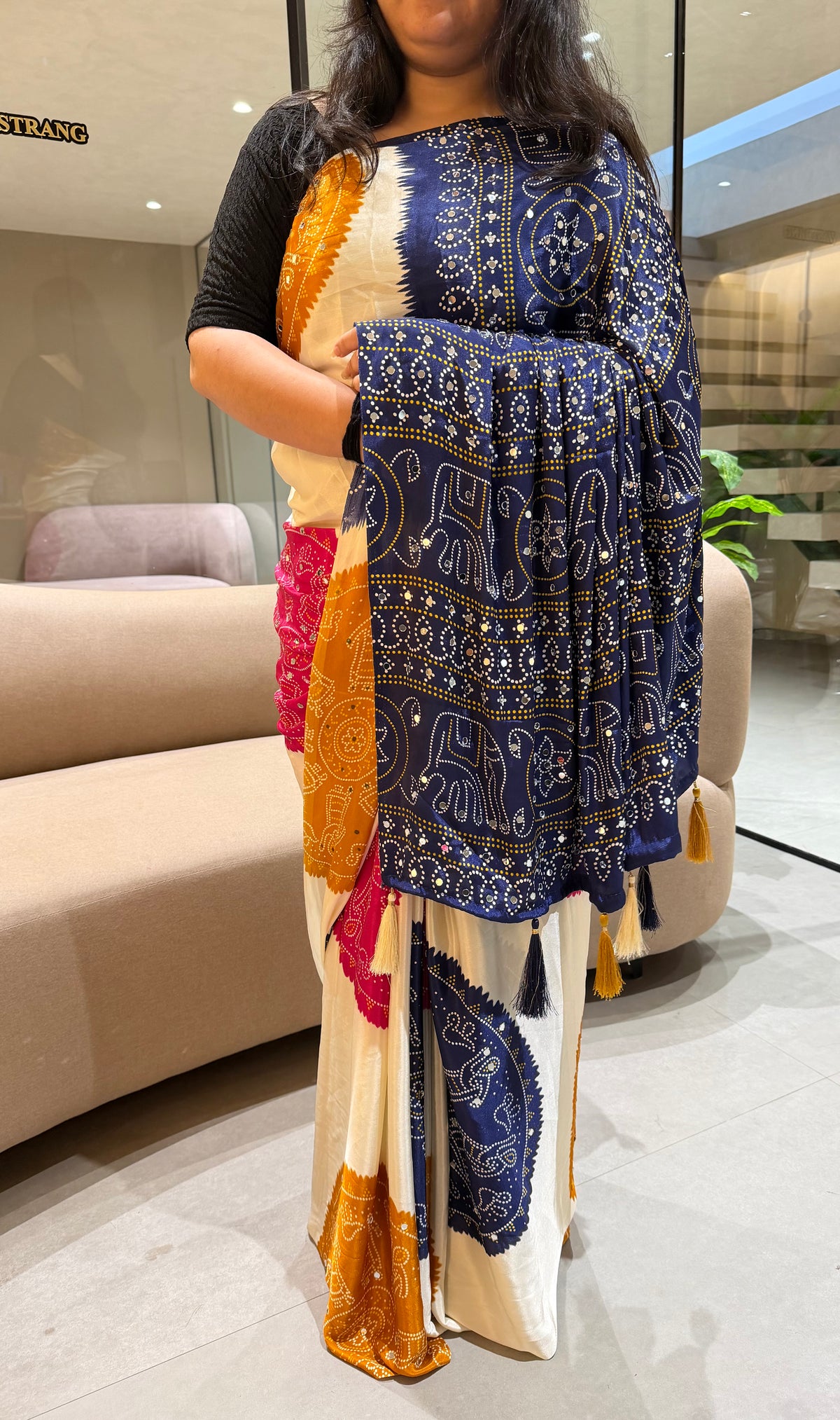 Whimsical Function Wear Satin Silk Real Mirror n Ajrak Print Fancy Saree With Blouse Piece