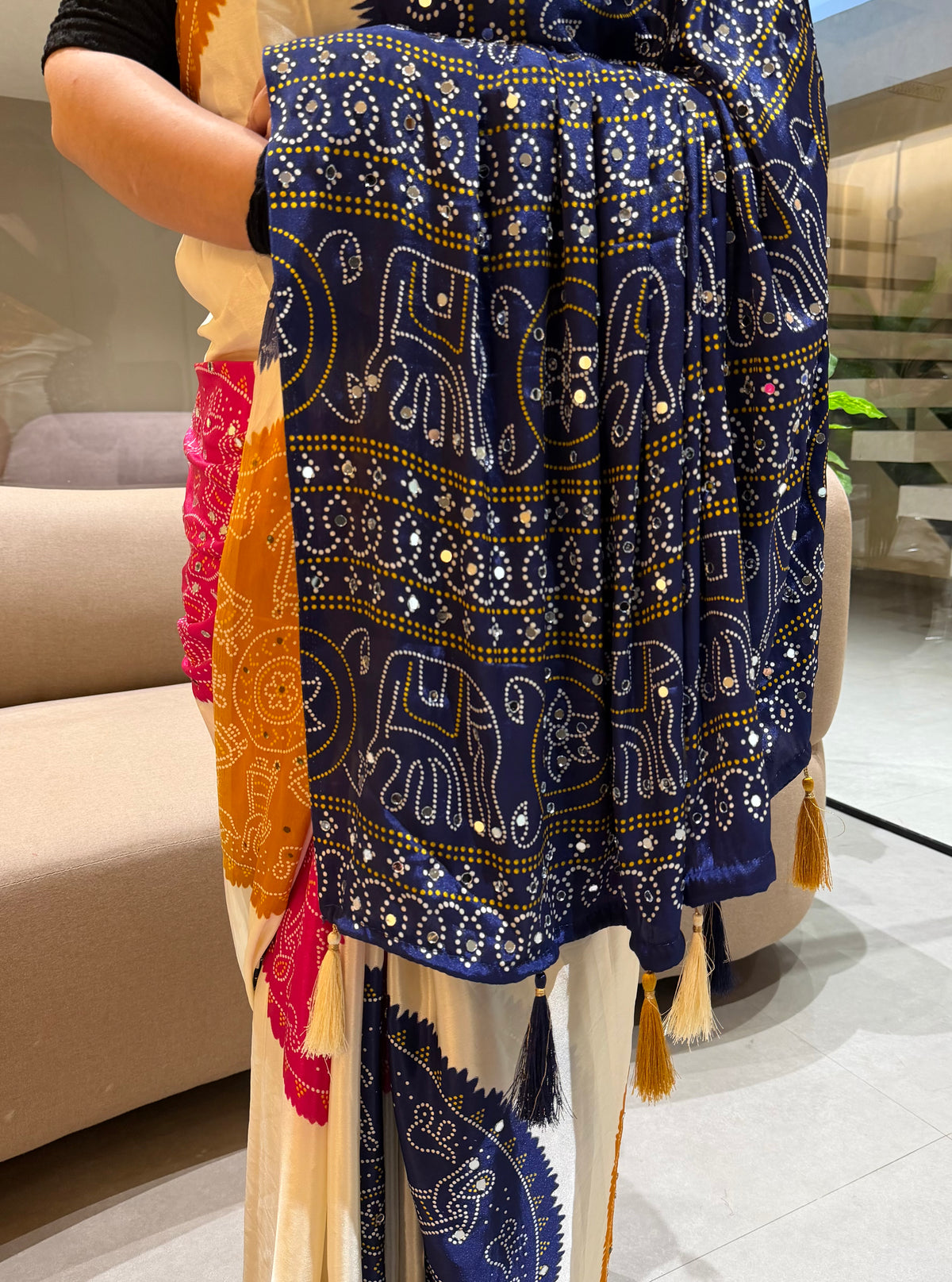 Whimsical Function Wear Satin Silk Real Mirror n Ajrak Print Fancy Saree With Blouse Piece