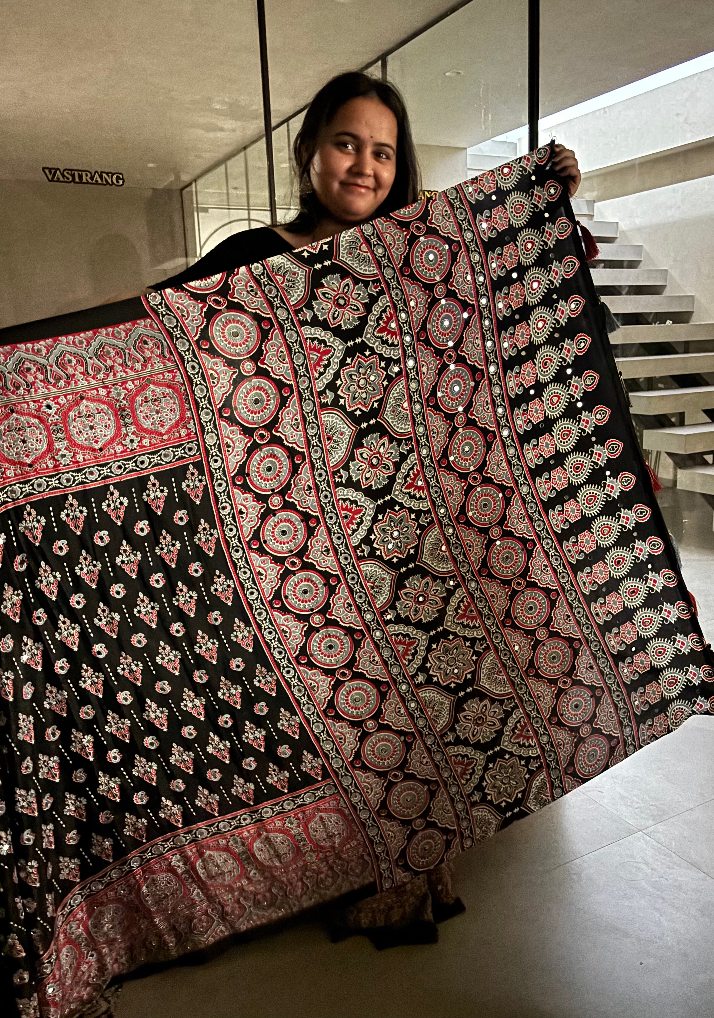 Whimsical Festive Wear Pure Satin Silk Ajrak Printed Rich Pallu n Mirror Work Fancy Saree With Blouse Piece