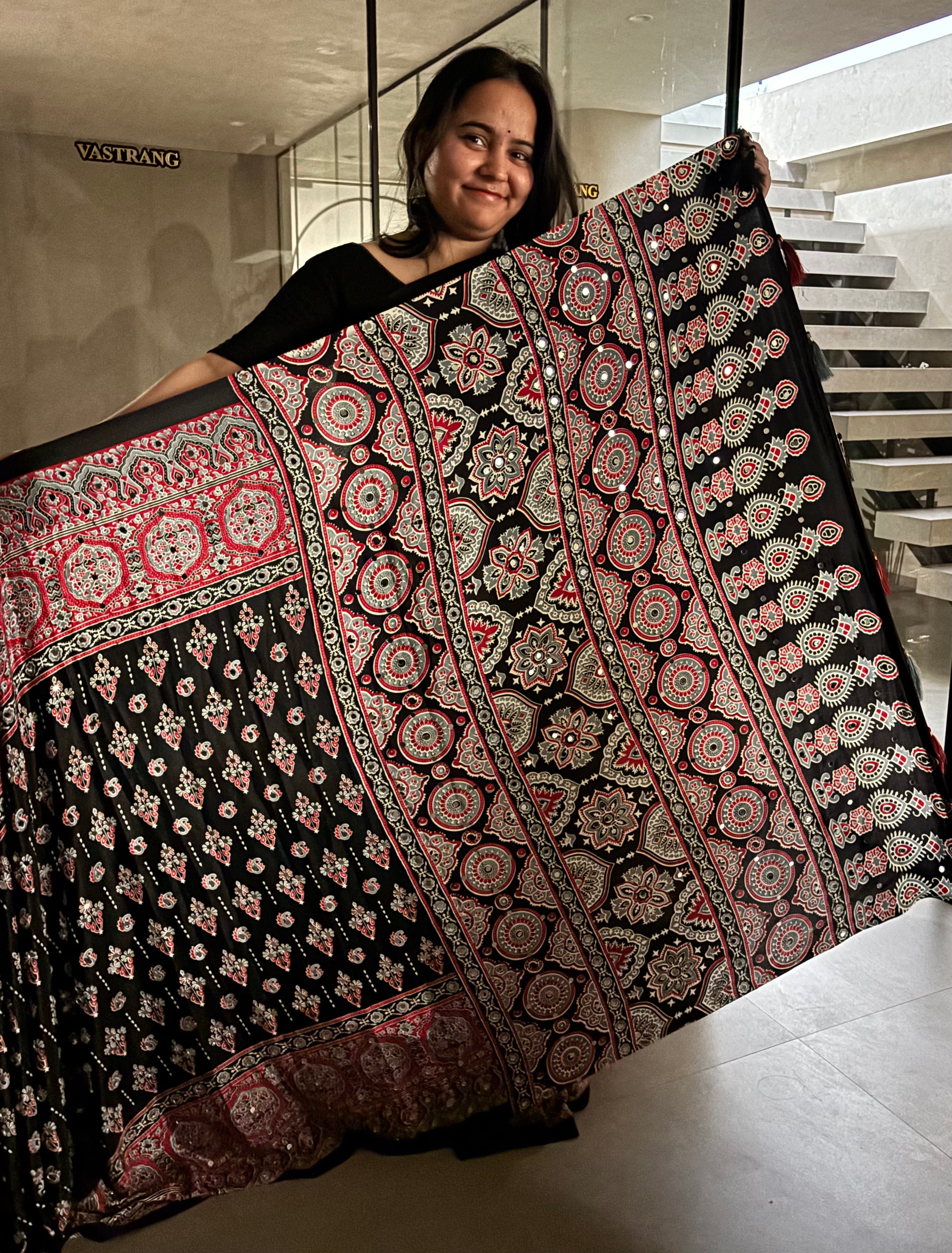 Whimsical Festive Wear Pure Satin Silk Ajrak Printed Rich Pallu n Mirror Work Fancy Saree With Blouse Piece