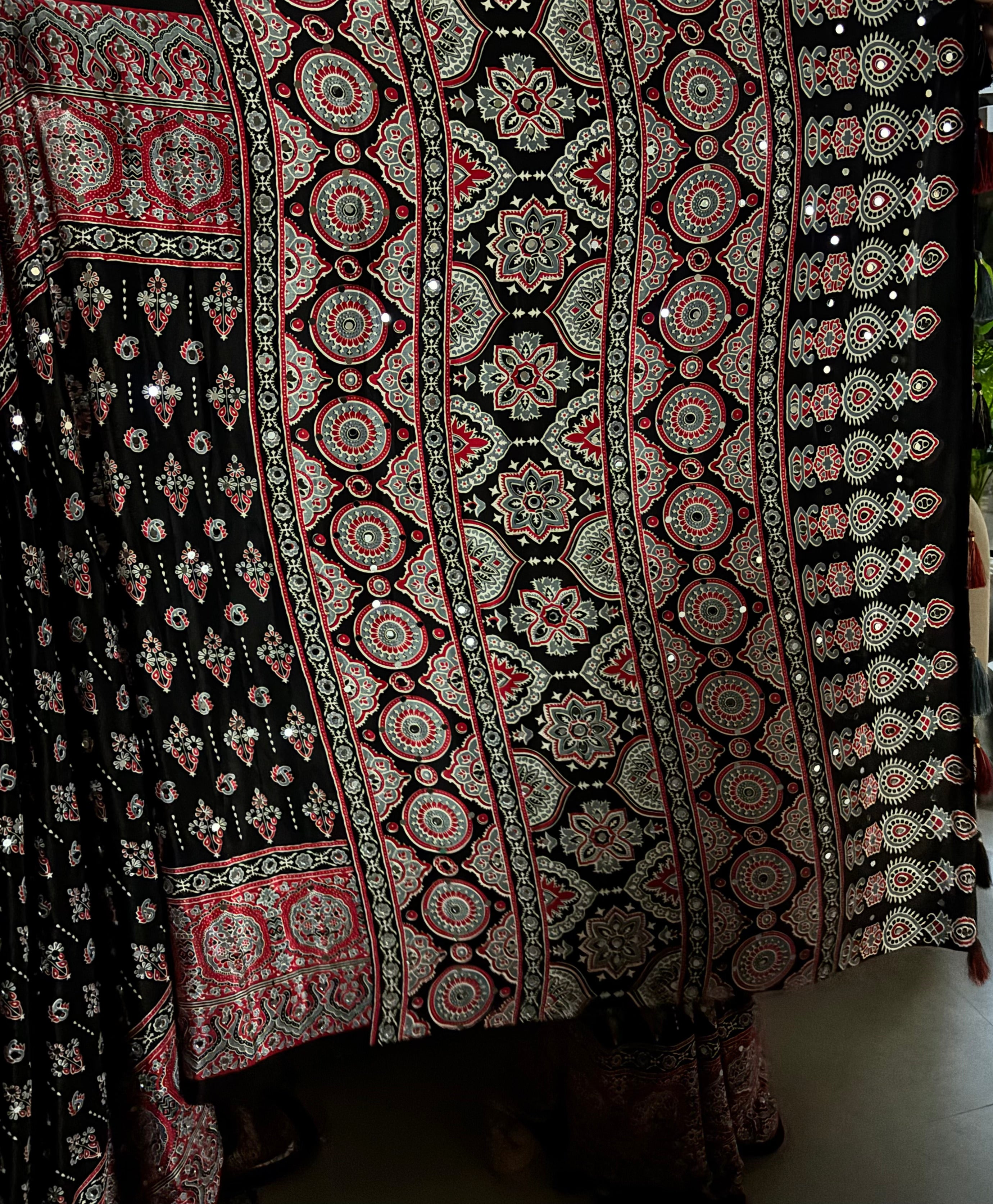 Whimsical Festive Wear Pure Satin Silk Ajrak Printed Rich Pallu n Mirror Work Fancy Saree With Blouse Piece