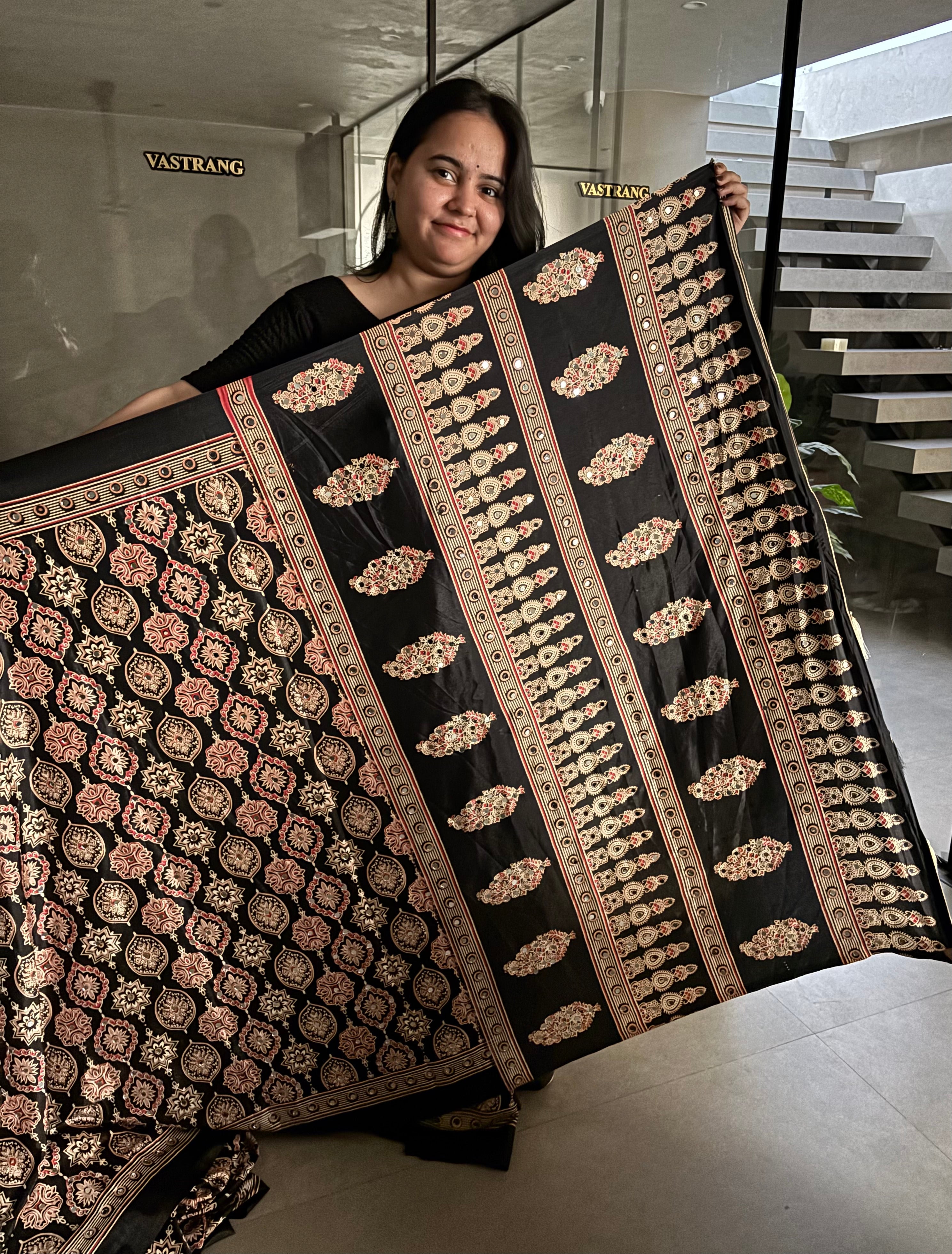 Alverina Function Wear Pure Satin Silk Ajrak Printed Rich Pallu n Mirror Work Fancy Saree With Blouse Piece