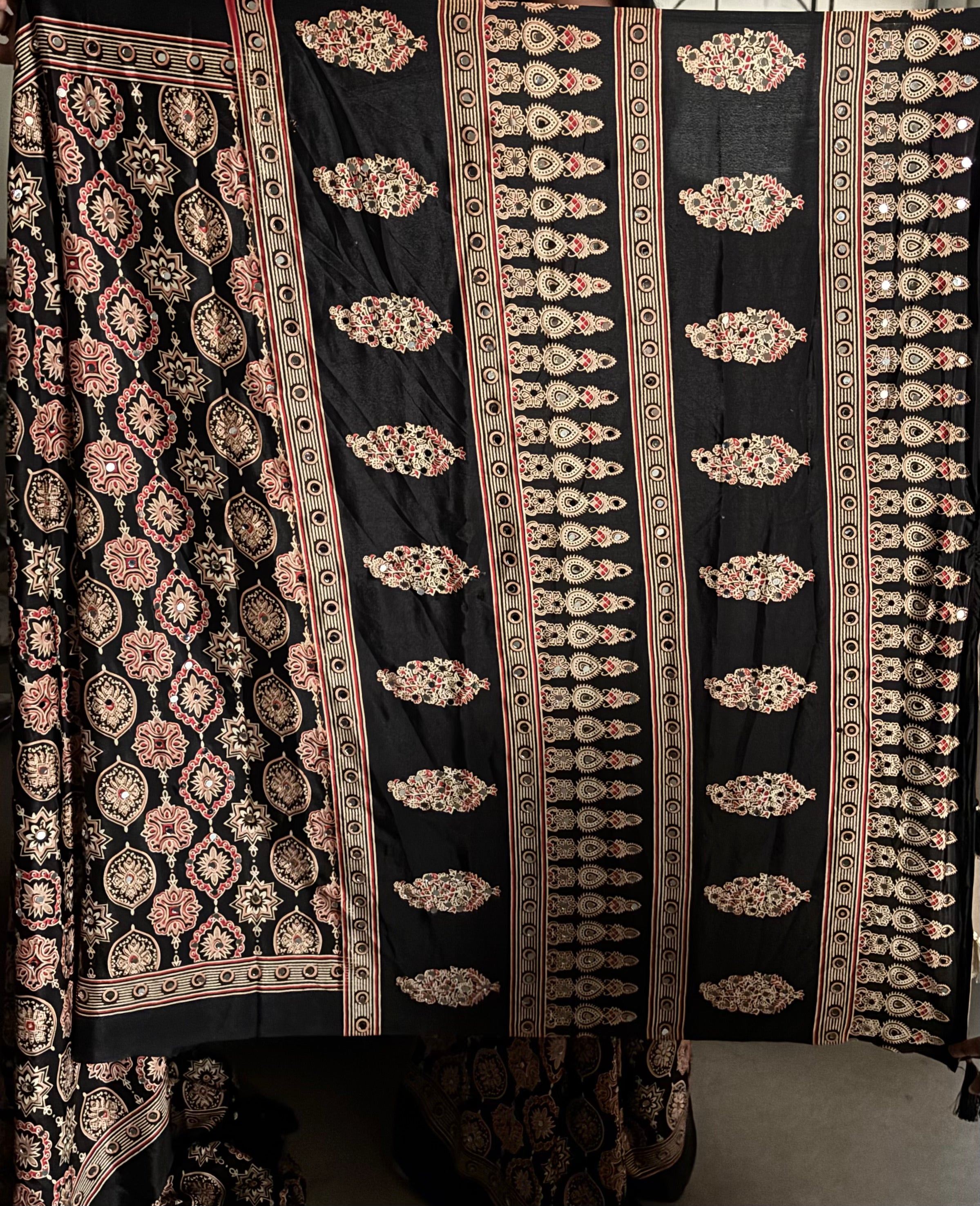 Alverina Function Wear Pure Satin Silk Ajrak Printed Rich Pallu n Mirror Work Fancy Saree With Blouse Piece