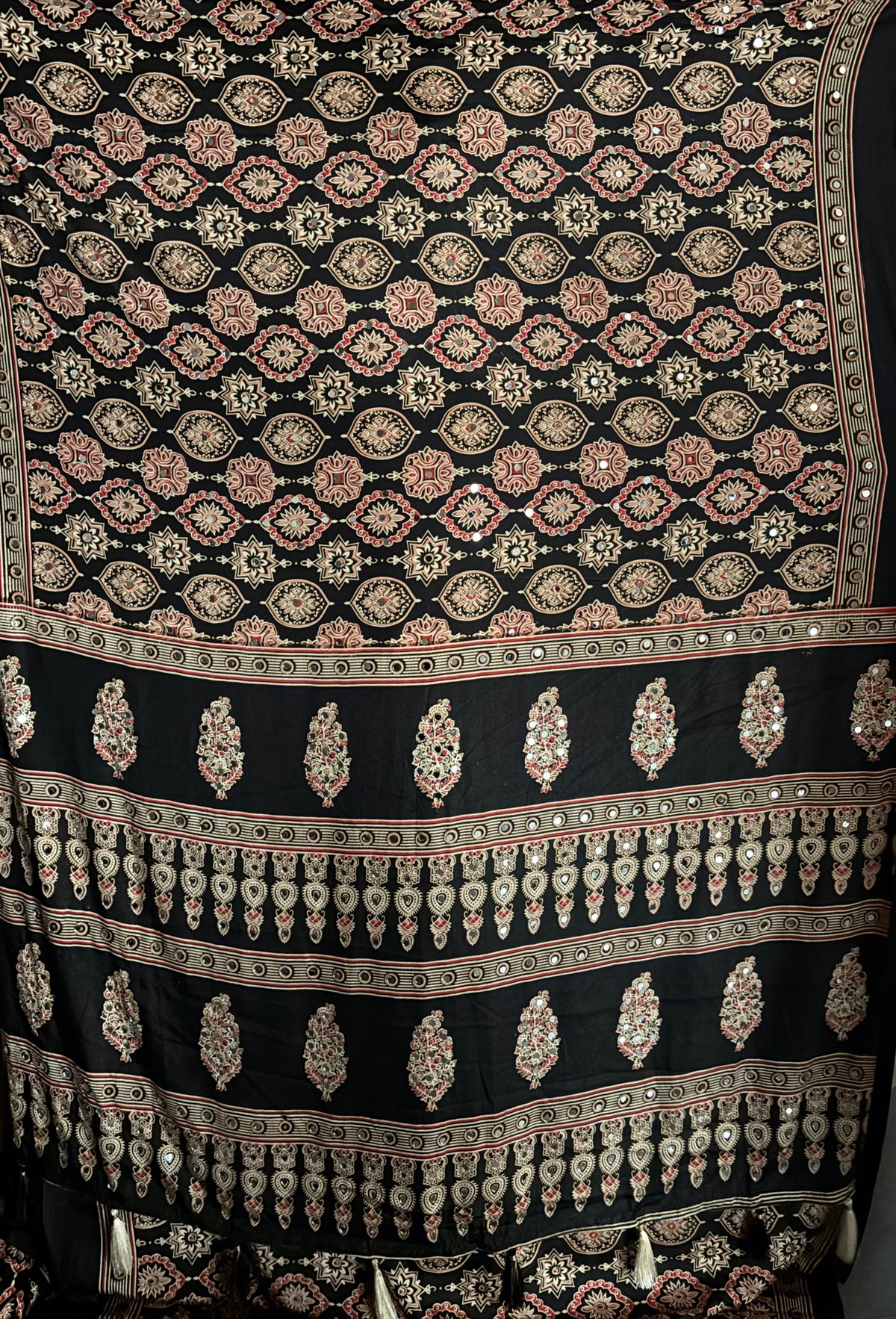 Alverina Function Wear Pure Satin Silk Ajrak Printed Rich Pallu n Mirror Work Fancy Saree With Blouse Piece