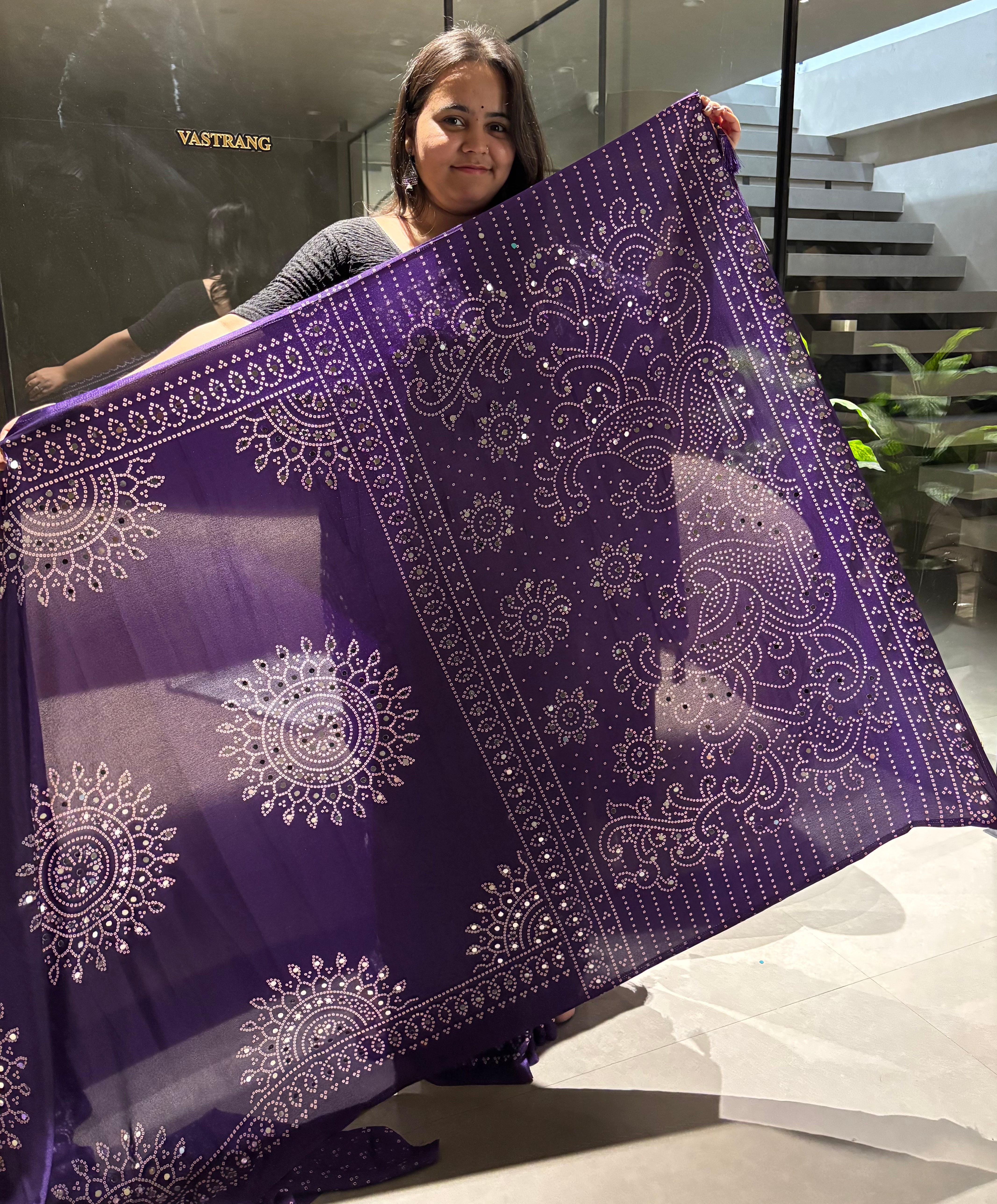 Artisanal Function Wear Pure Satin Silk Ajrak Printed Rich Pallu n Mirror Work Designer Saree
