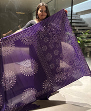Load image into Gallery viewer, Artisanal Function Wear Pure Satin Silk Ajrak Printed Rich Pallu n Mirror Work Designer Saree
