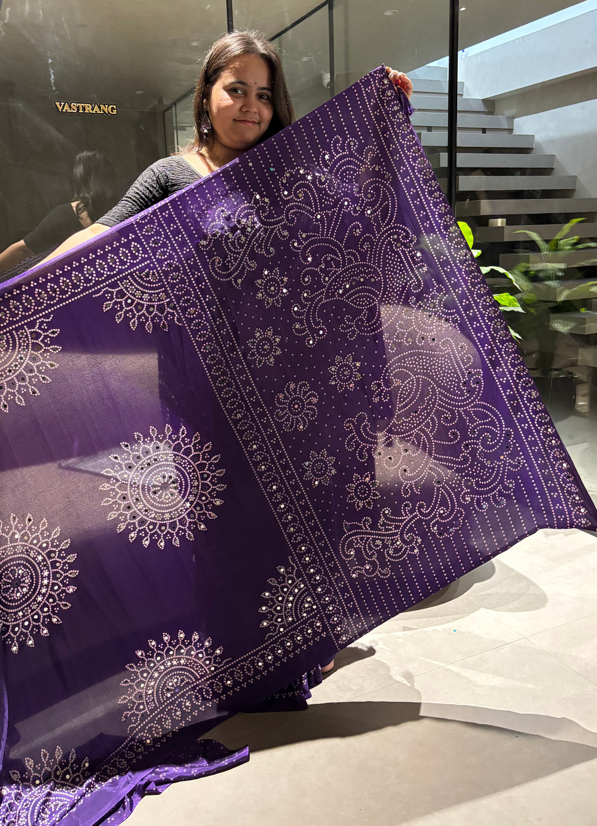 Artisanal Function Wear Pure Satin Silk Ajrak Printed Rich Pallu n Mirror Work Designer Saree