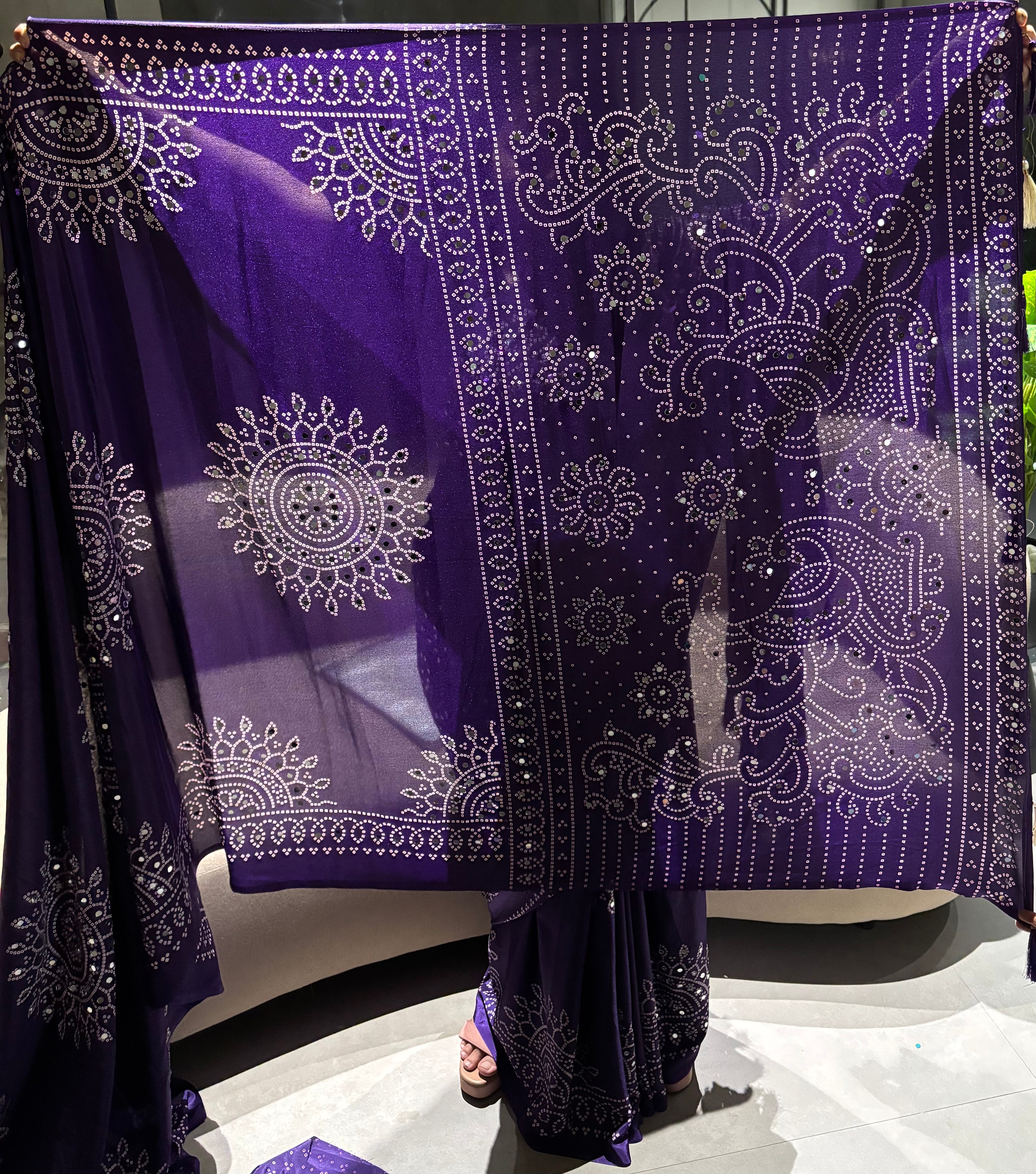 Artisanal Function Wear Pure Satin Silk Ajrak Printed Rich Pallu n Mirror Work Designer Saree