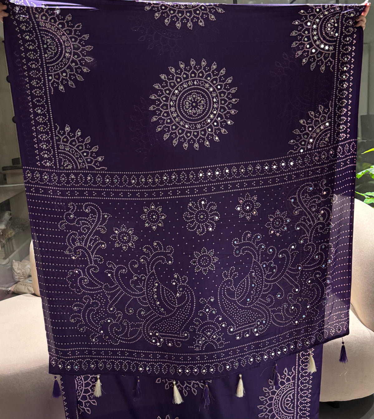 Artisanal Function Wear Pure Satin Silk Ajrak Printed Rich Pallu n Mirror Work Designer Saree