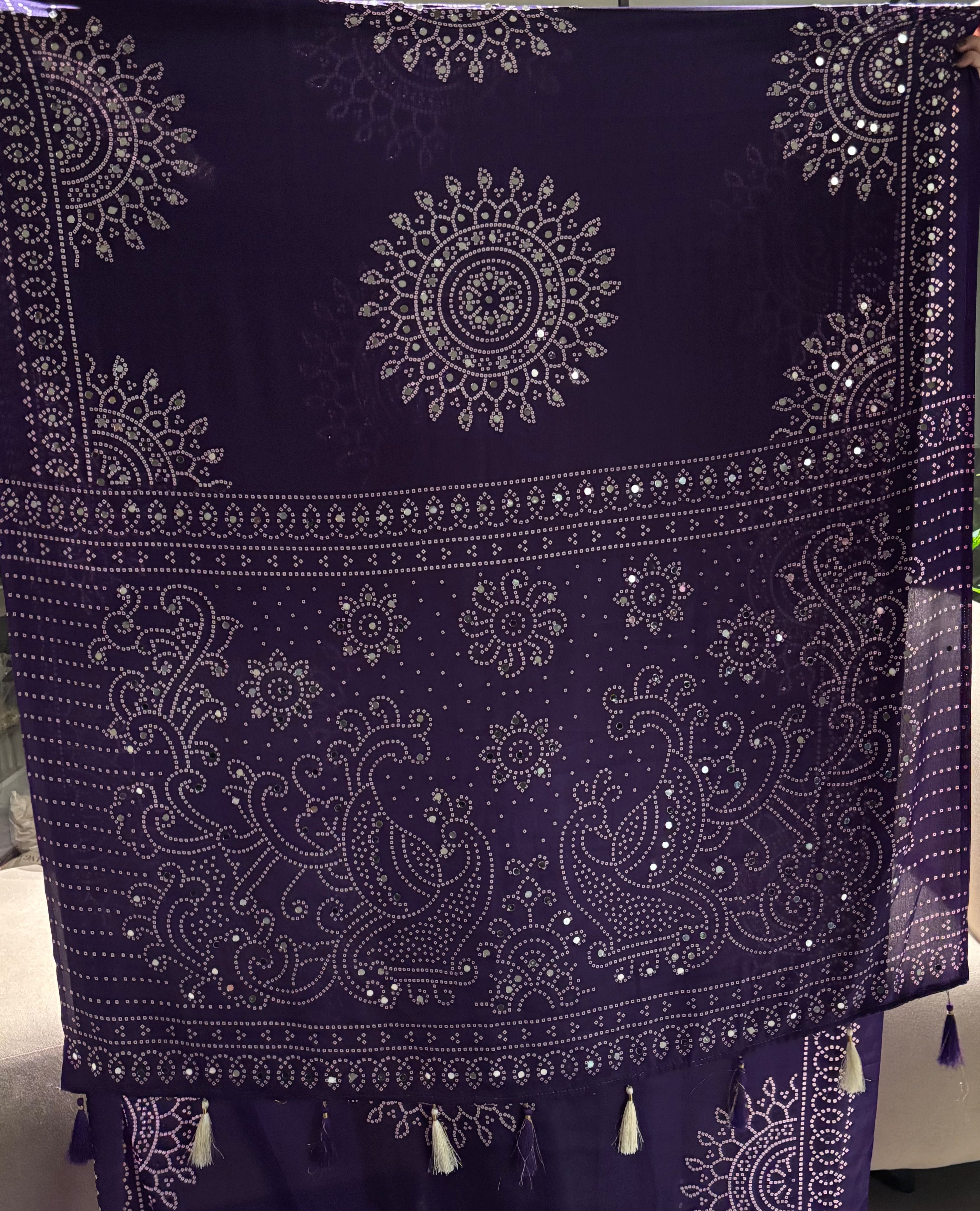 Artisanal Function Wear Pure Satin Silk Ajrak Printed Rich Pallu n Mirror Work Designer Saree