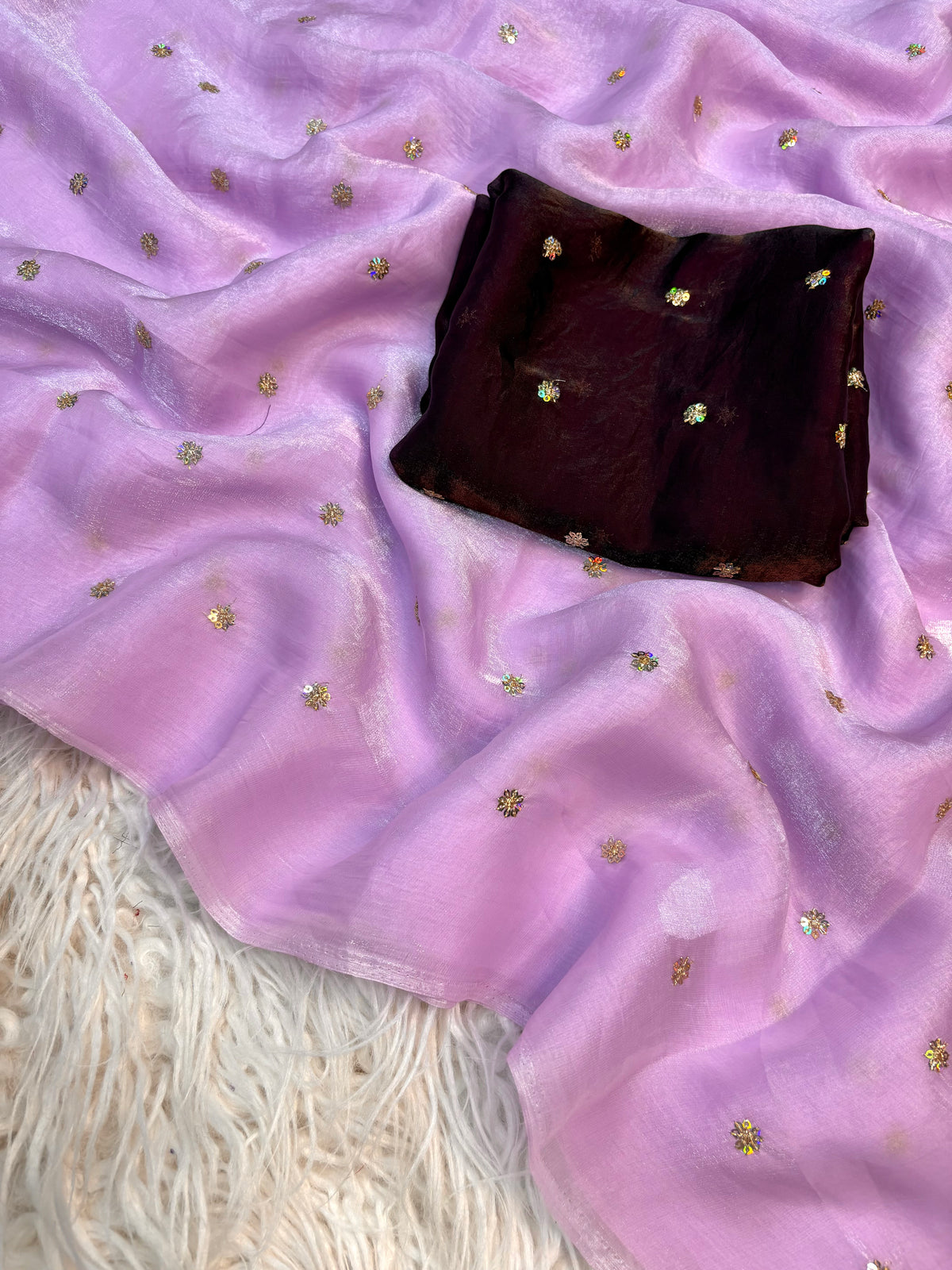 Lustrous Wedding Wear Space Silk Fabric Sequence Butti Work Fancy Designer Saree With Blouse Piece