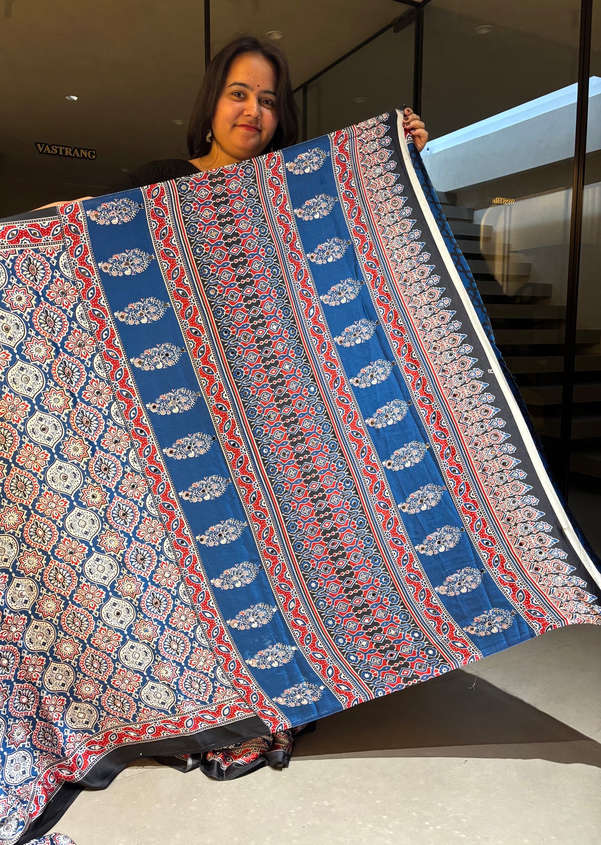 Glamorous Function Wear Pure Satin Silk Ajrak Printed Rich Pallu n Mirror Work Fancy Saree With Blouse Piece