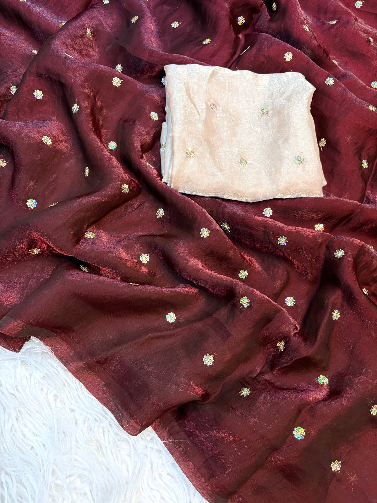 Lustrous Wedding Wear Space Silk Fabric Sequence Butti Work Fancy Designer Saree With Blouse Piece