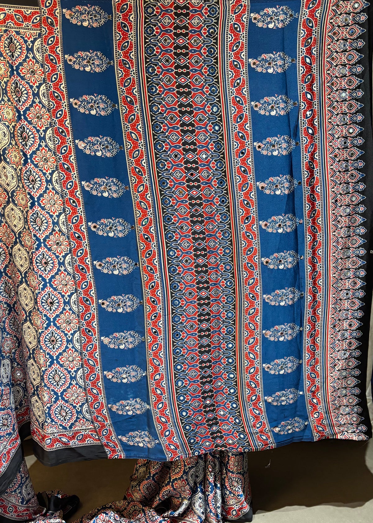Glamorous Function Wear Pure Satin Silk Ajrak Printed Rich Pallu n Mirror Work Fancy Saree With Blouse Piece