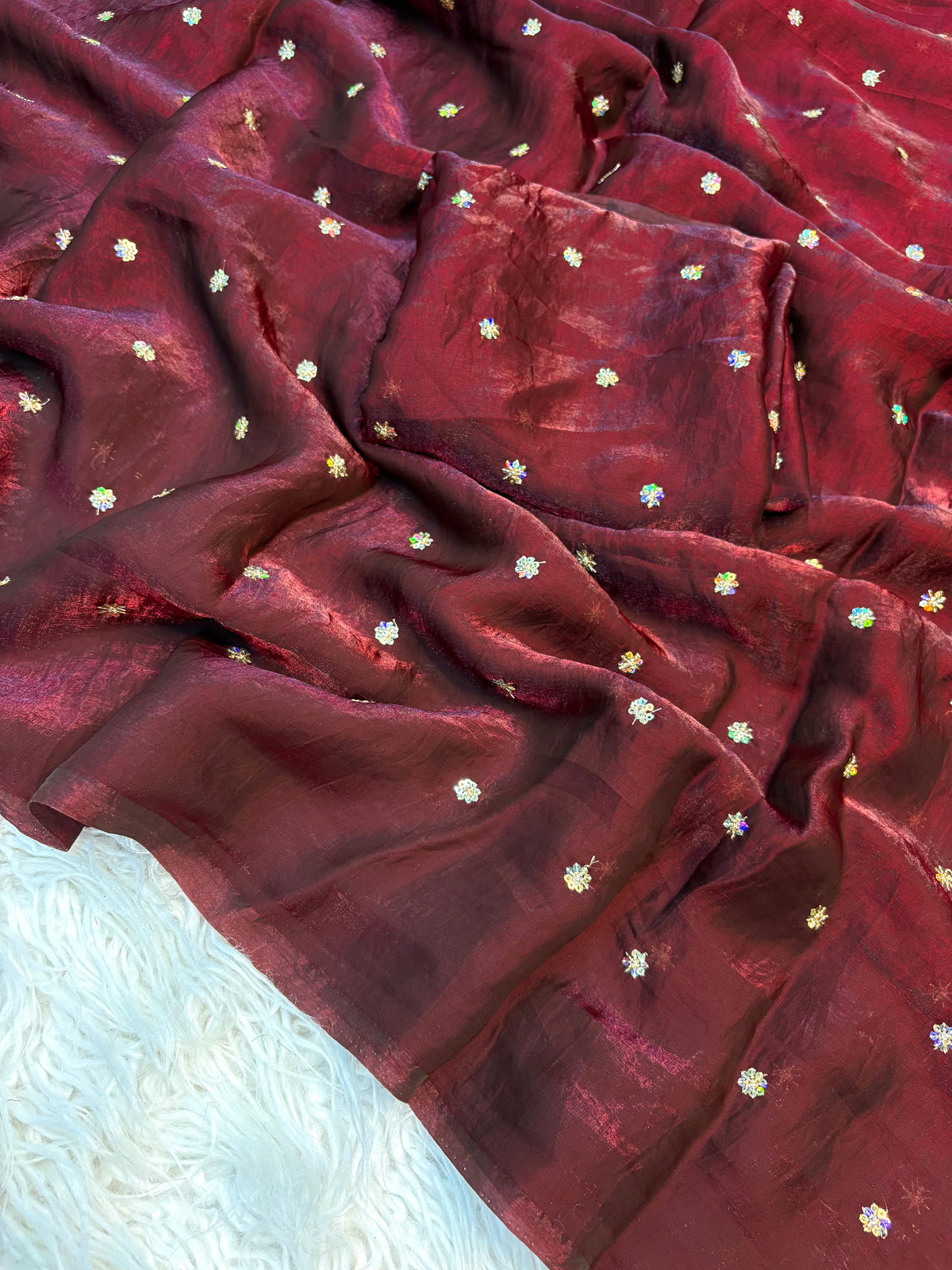 Lustrous Wedding Wear Space Silk Fabric Sequence Butti Work Fancy Designer Saree With Blouse Piece