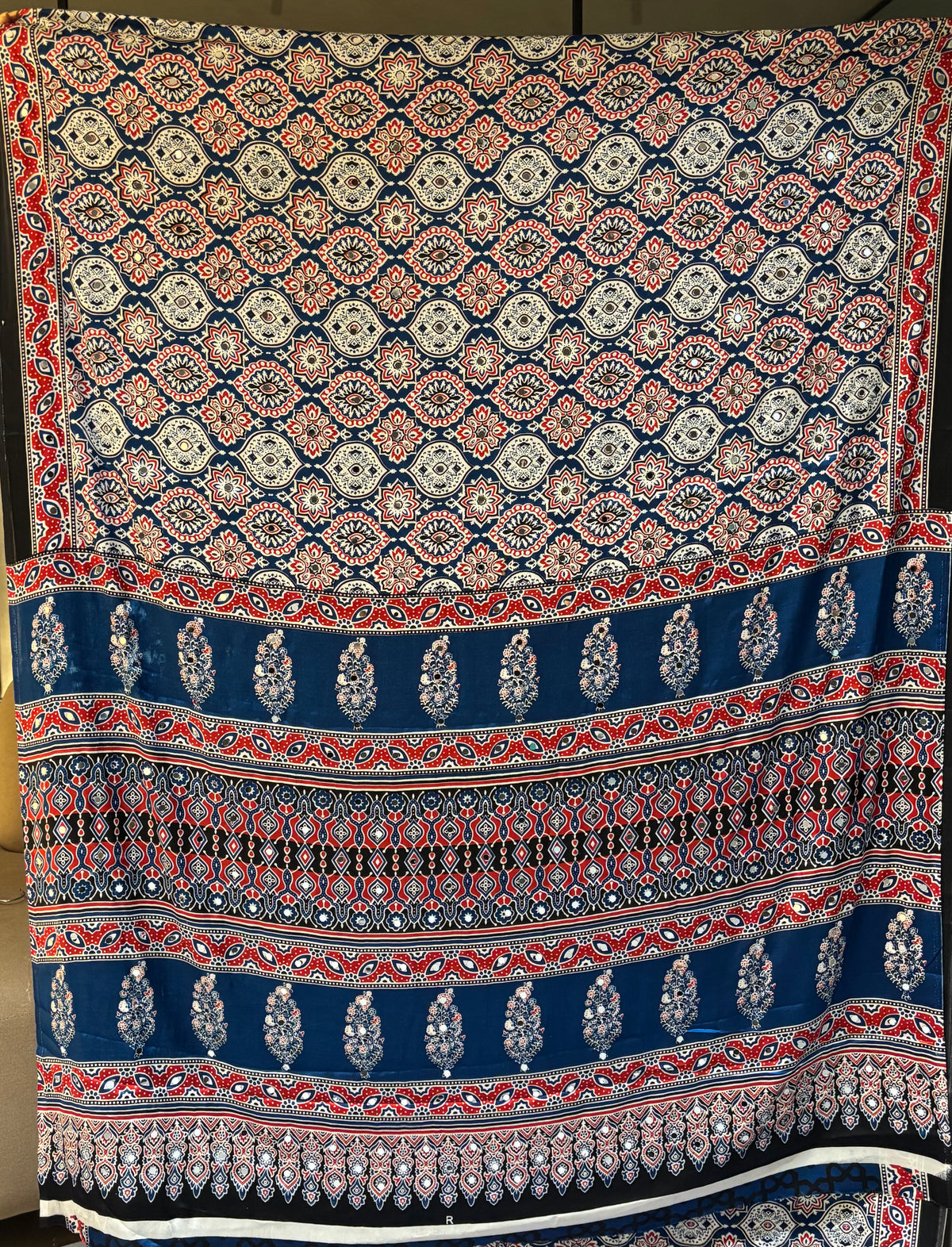 Glamorous Function Wear Pure Satin Silk Ajrak Printed Rich Pallu n Mirror Work Fancy Saree With Blouse Piece