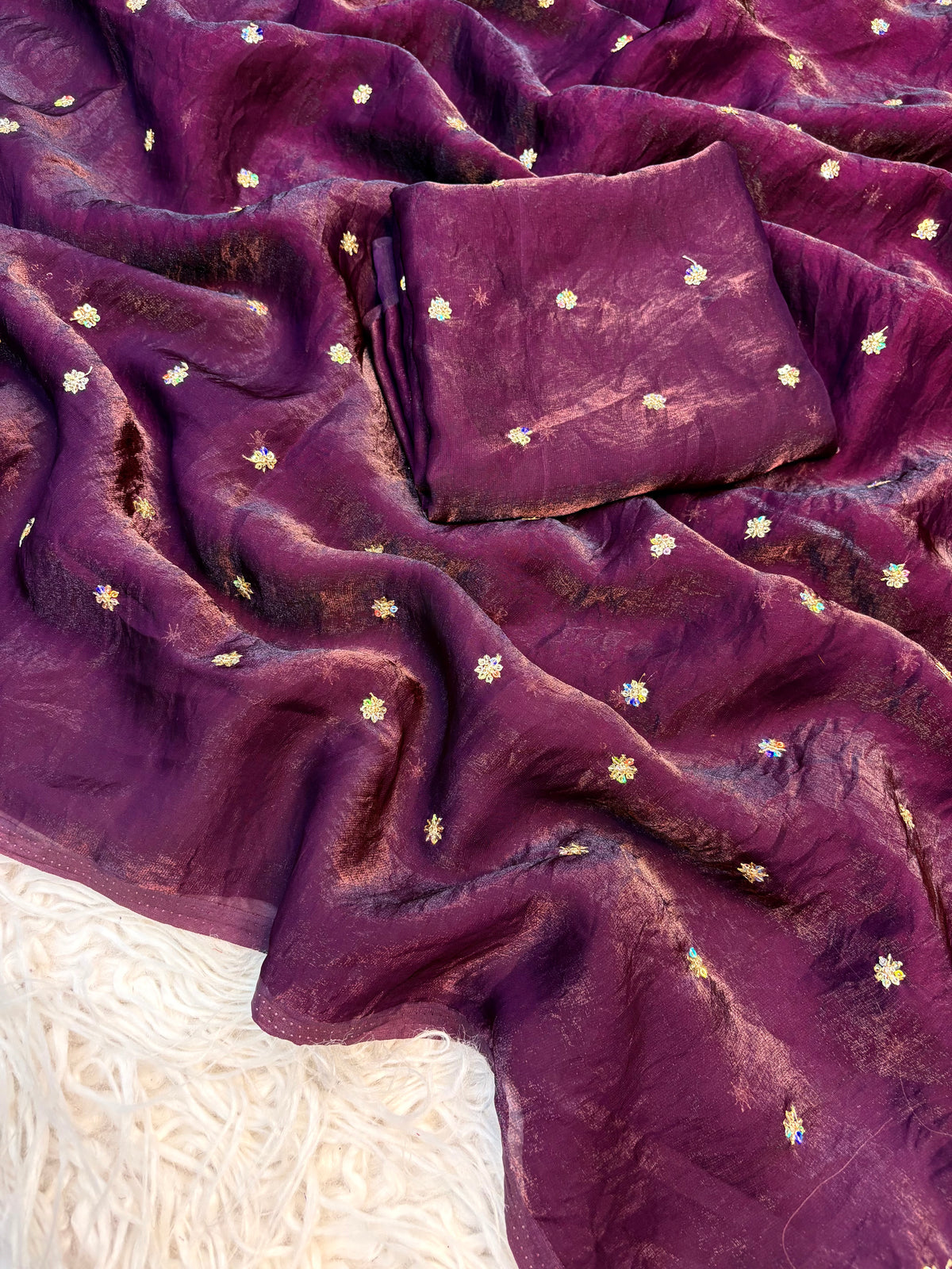 Lustrous Wedding Wear Space Silk Fabric Sequence Butti Work Fancy Designer Saree With Blouse Piece