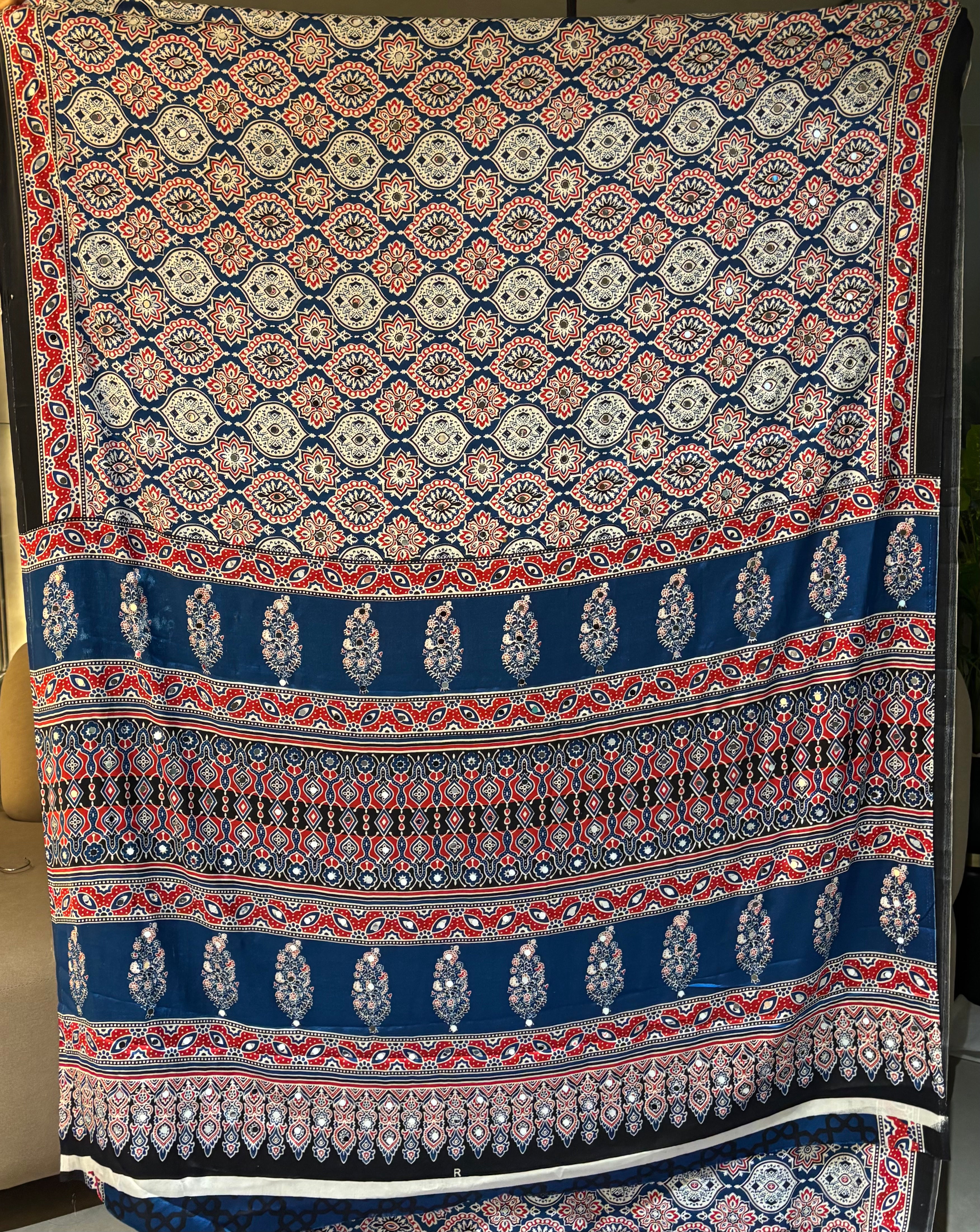 Glamorous Function Wear Pure Satin Silk Ajrak Printed Rich Pallu n Mirror Work Fancy Saree With Blouse Piece