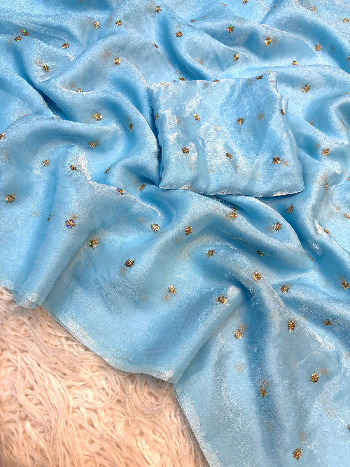 Lustrous Wedding Wear Space Silk Fabric Sequence Butti Work Fancy Designer Saree With Blouse Piece