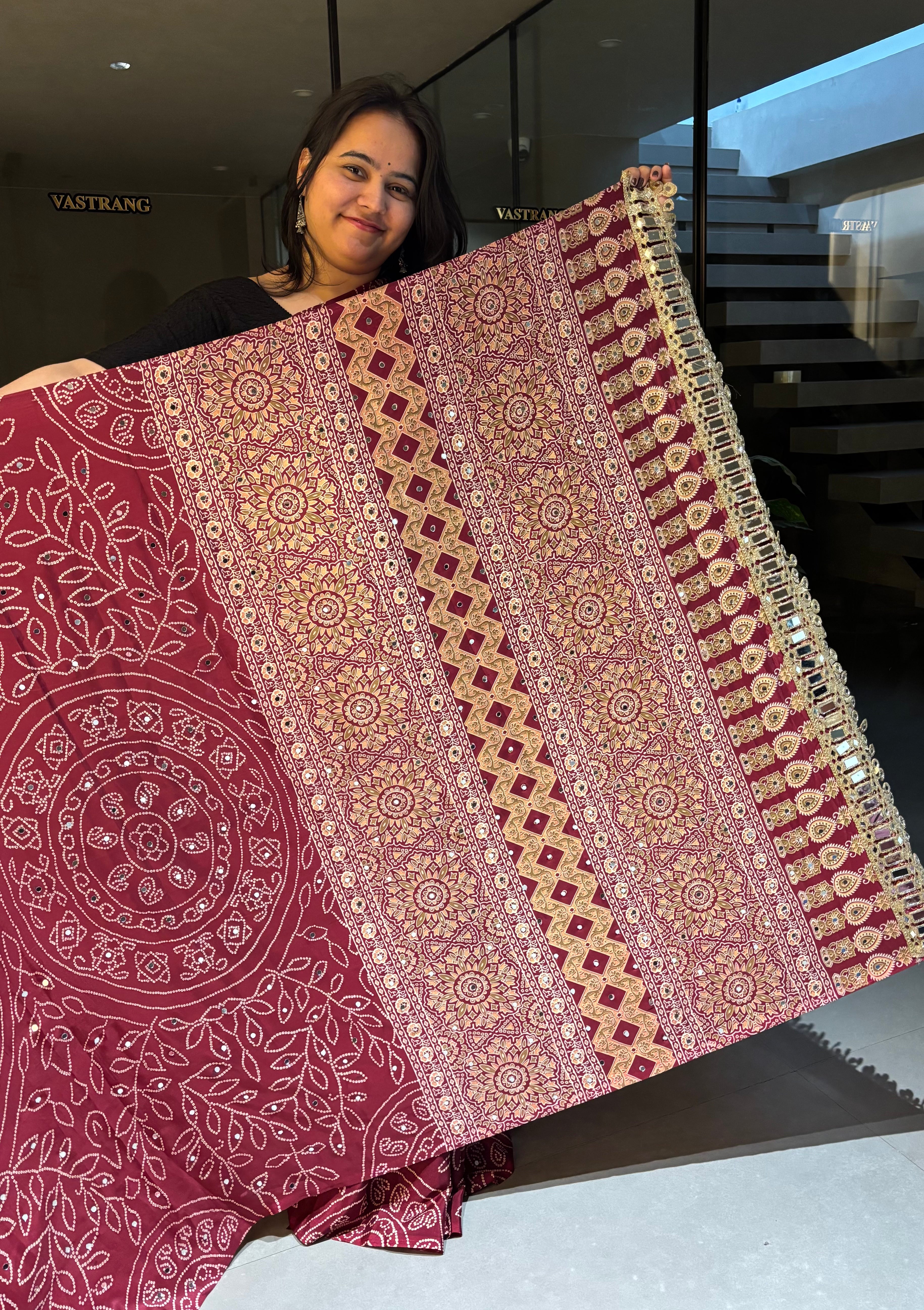 Gratifying Function Wear Pure Satin Silk Ajrak Printed Rich Pallu n Mirror Work Designer Saree With Blouse Piece