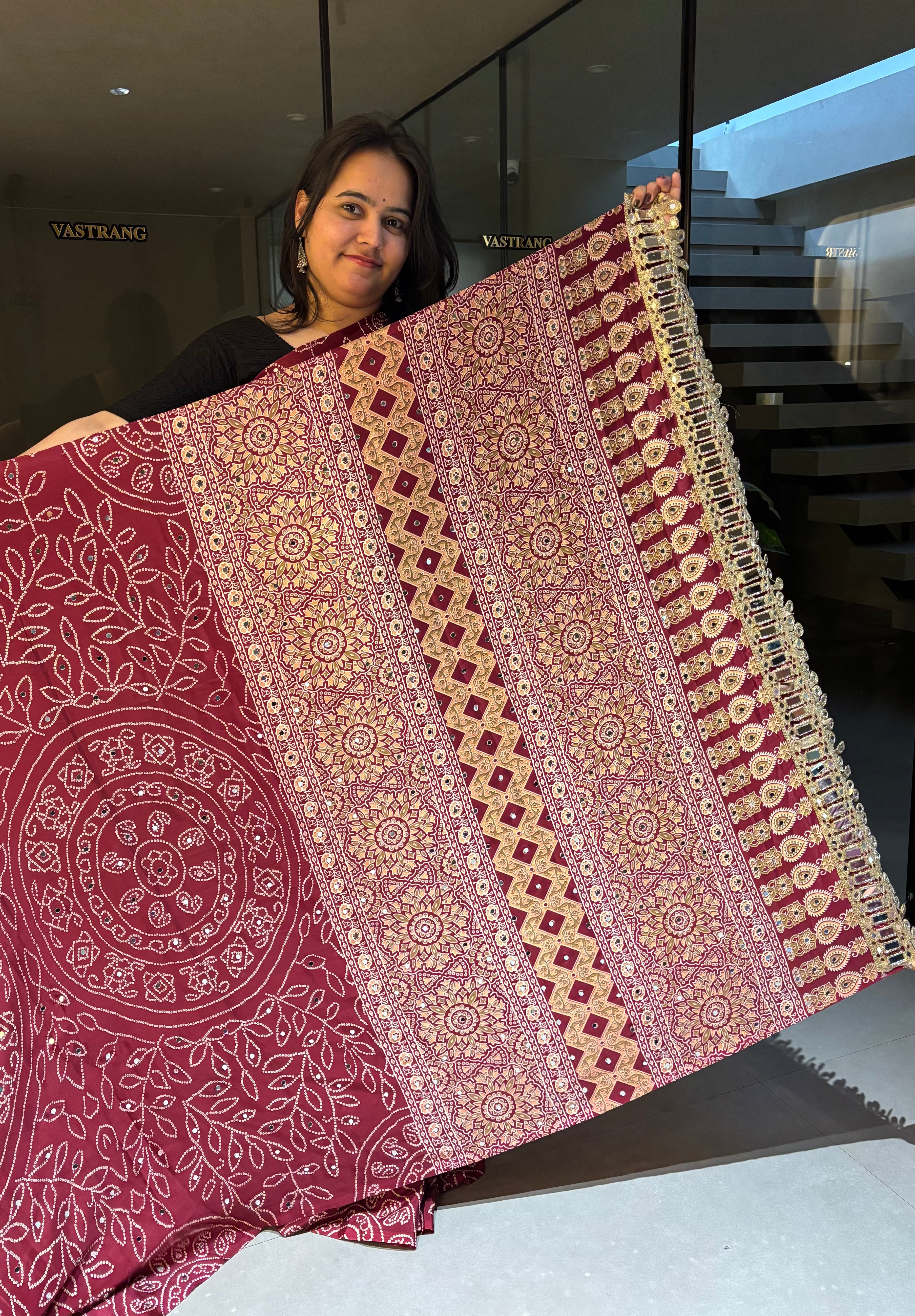Gratifying Function Wear Pure Satin Silk Ajrak Printed Rich Pallu n Mirror Work Designer Saree With Blouse Piece