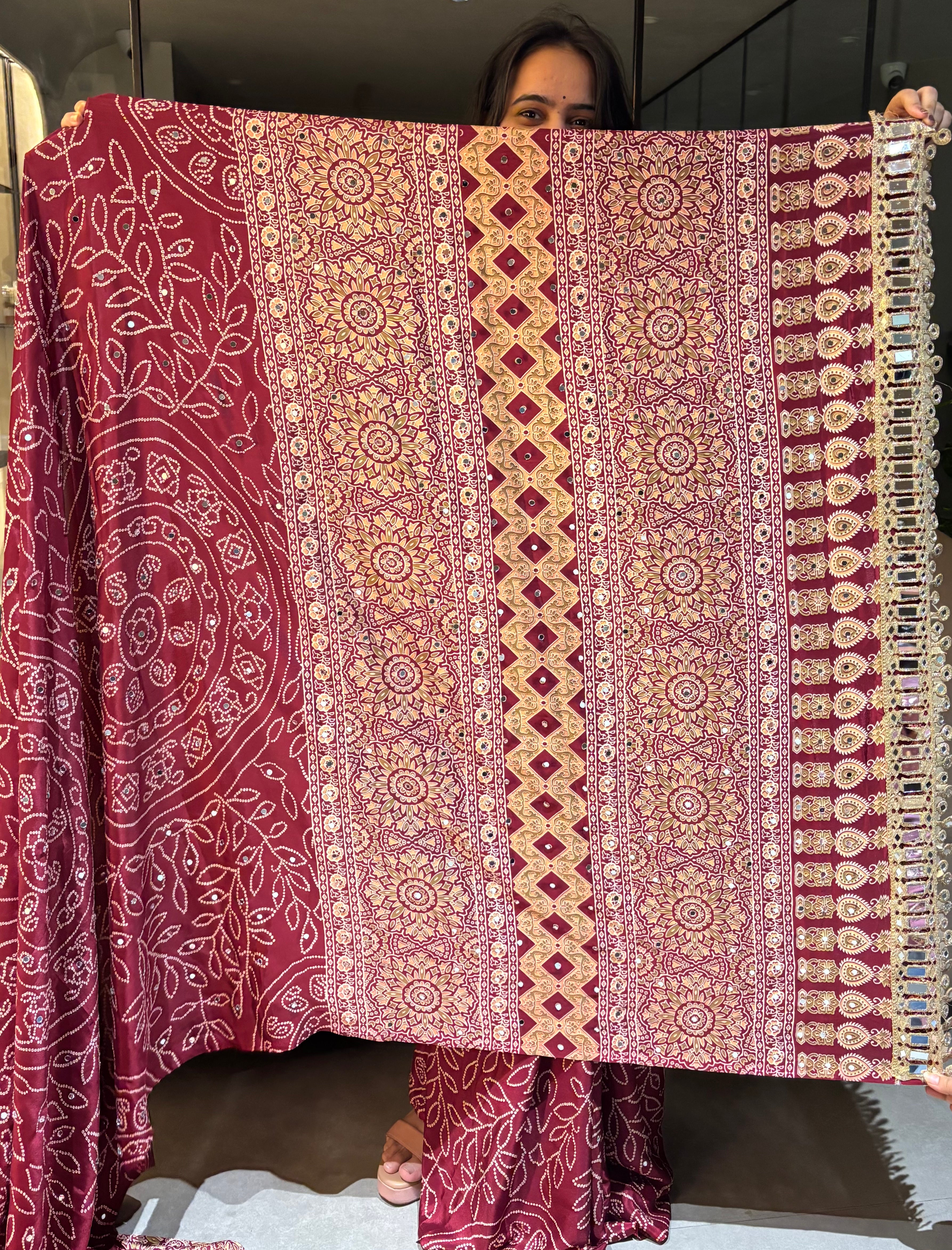 Gratifying Function Wear Pure Satin Silk Ajrak Printed Rich Pallu n Mirror Work Designer Saree With Blouse Piece