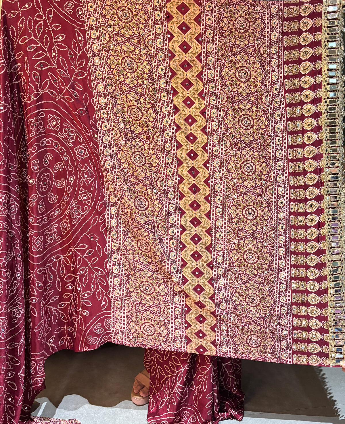 Gratifying Function Wear Pure Satin Silk Ajrak Printed Rich Pallu n Mirror Work Designer Saree With Blouse Piece