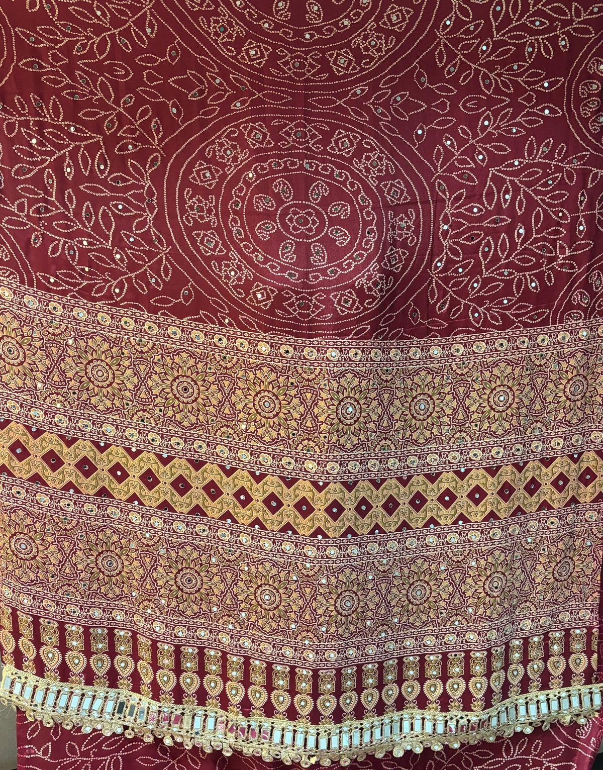 Gratifying Function Wear Pure Satin Silk Ajrak Printed Rich Pallu n Mirror Work Designer Saree With Blouse Piece