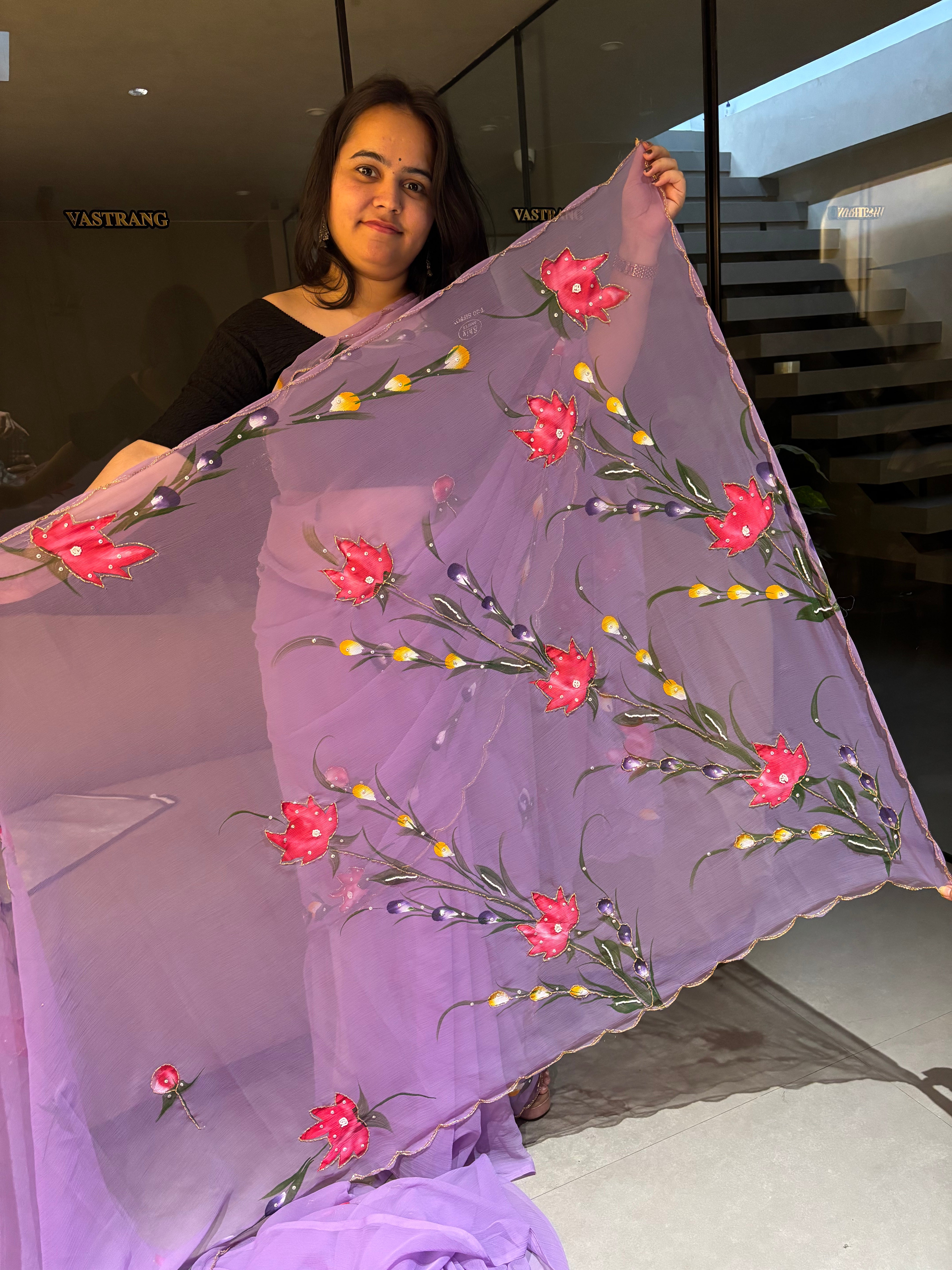 Divine Function Wear Soft Pure Chiffon Handbrush Flower n Handwork Designer Saree With Blouse Piece