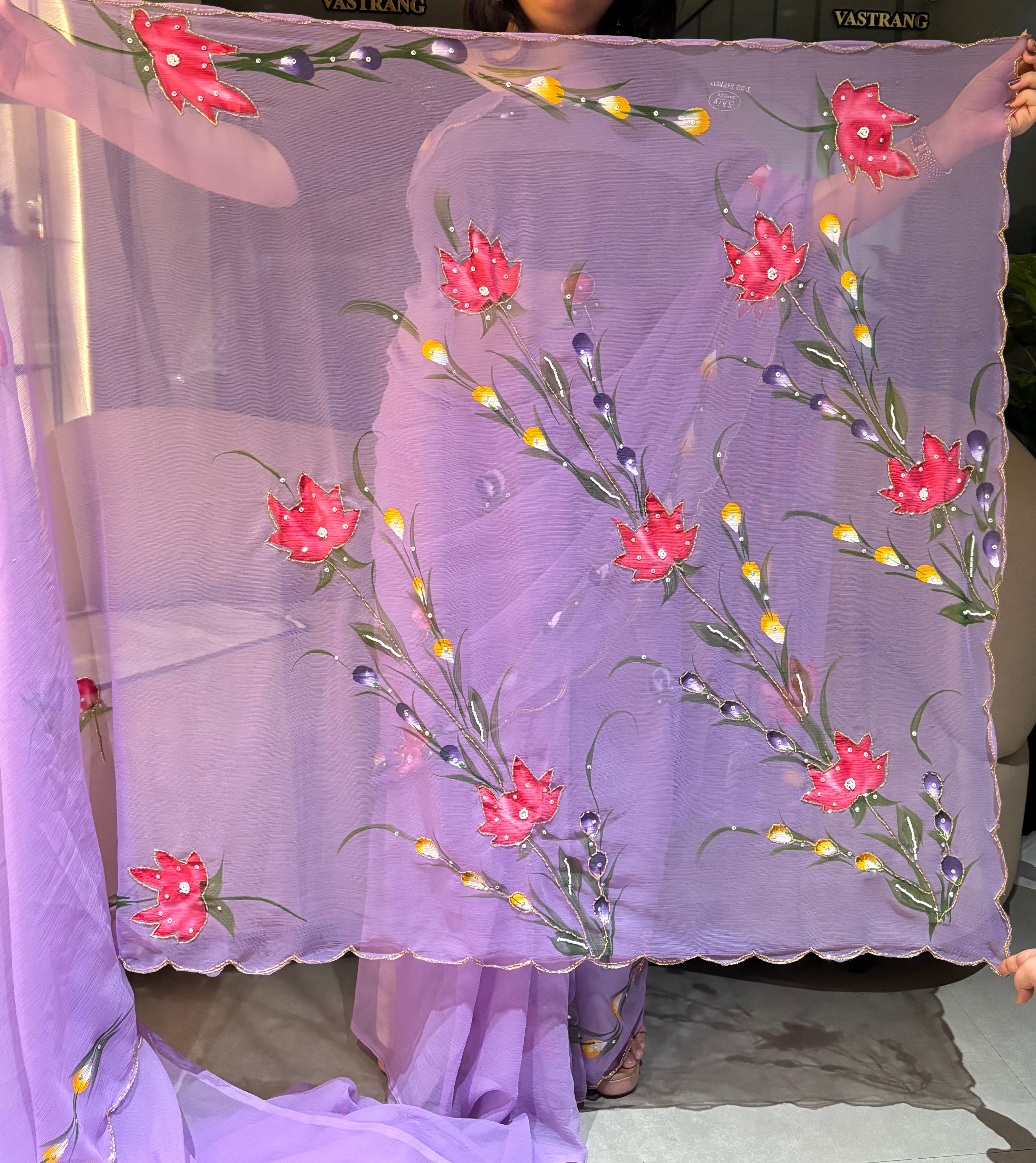 Divine Function Wear Soft Pure Chiffon Handbrush Flower n Handwork Designer Saree With Blouse Piece